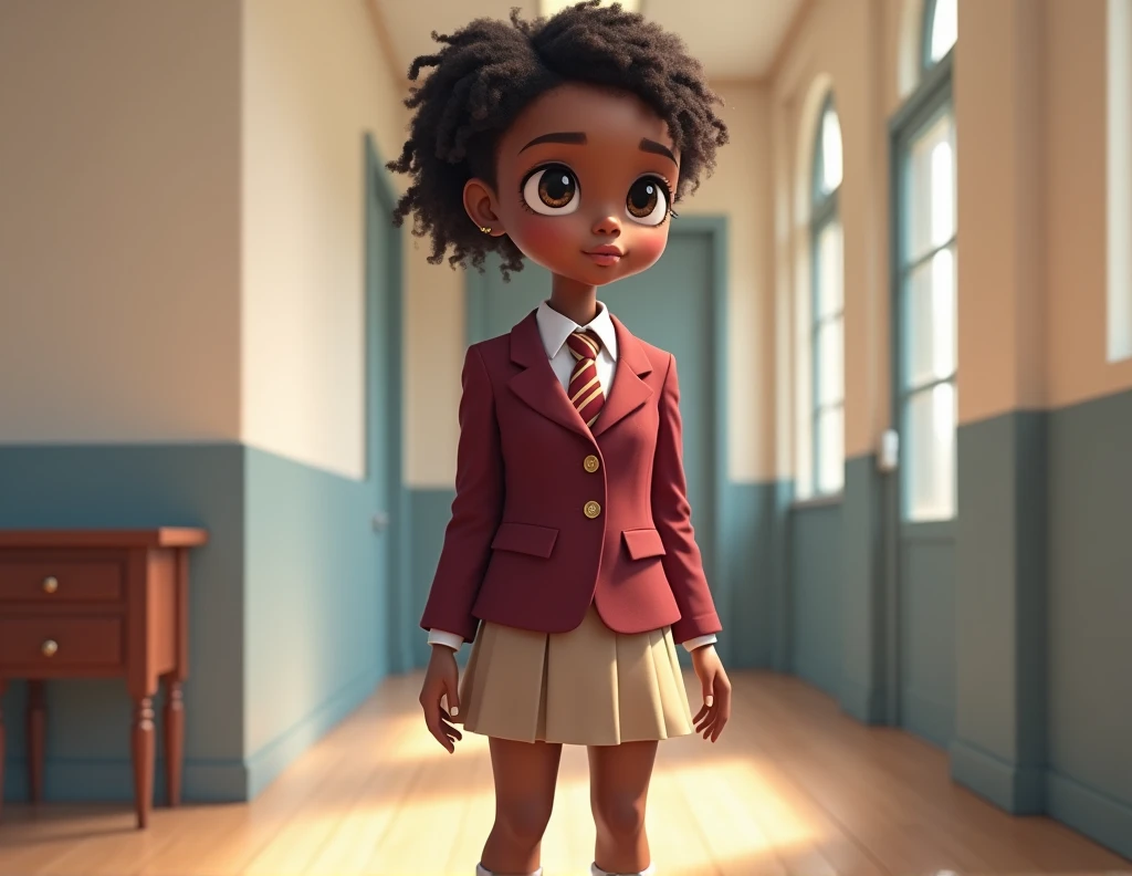 I created an image of a dark-skinned girl, with brown hair and eyes of the same color, where she is in a school uniform in a school.