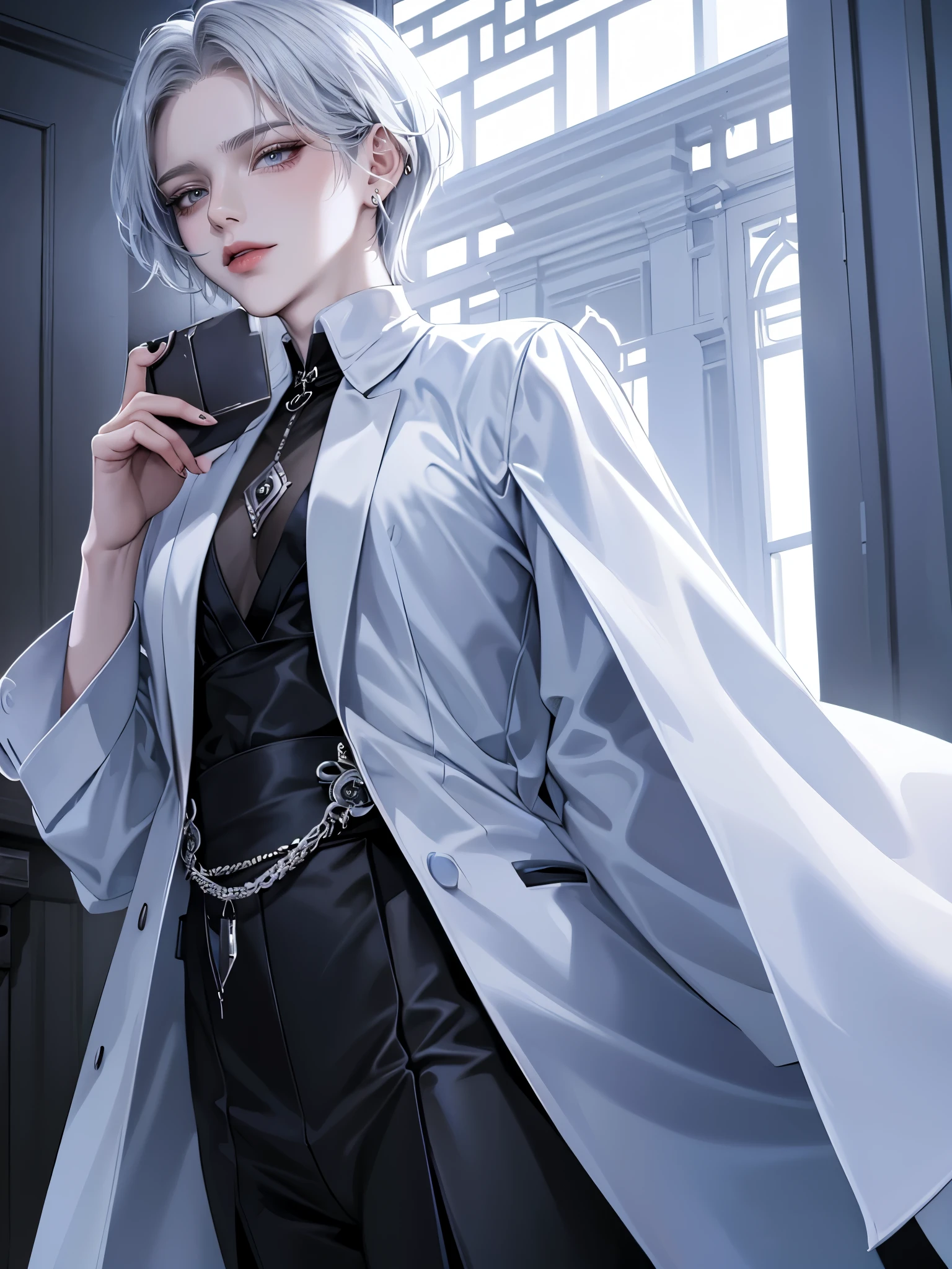 One Beautiful woman、light Silver short hair、Hairstyle with black end color、Light blue eyes、anime makeup、"A woman with a cute and androgynous face"、white skin、cute eyes、Very thin eyebrows、tall、stylish black gothic fashion、long sleeves long pants、Winter clothes、19 years old、Japanese-Korean half woman、Has a languid look、anger、Lower the corners of your mouth with no expression on your face、Photographed from the side diagonally、model photoshoot、masterpiece、highest quality、high resolution、fantasy、glaring expression、korean makeup、Wear a lot of piercings、Cool photos、blurred black filter、Various poses、blue filter、SeventeenのJEONGHANに似た顔、JEONGHAN、Seventeen