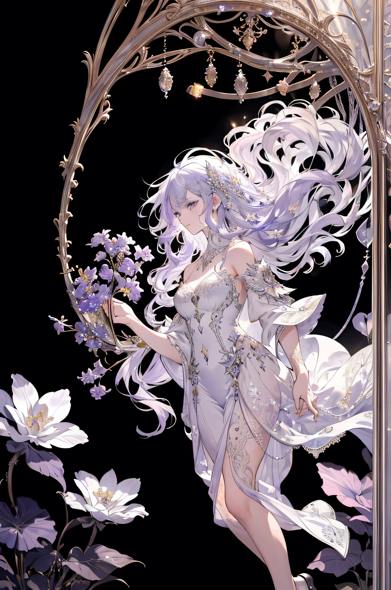 high quality art, silver marble skin, (((super detailed elegant))), magical atmosphere, detailed skin, texture, (exquisite details, intricate details, hyper detailed art), photographic depth, bokeh, silky smooth, stunning eyes, graceful features, flowers, full body, white lace, light purple hair, long hair