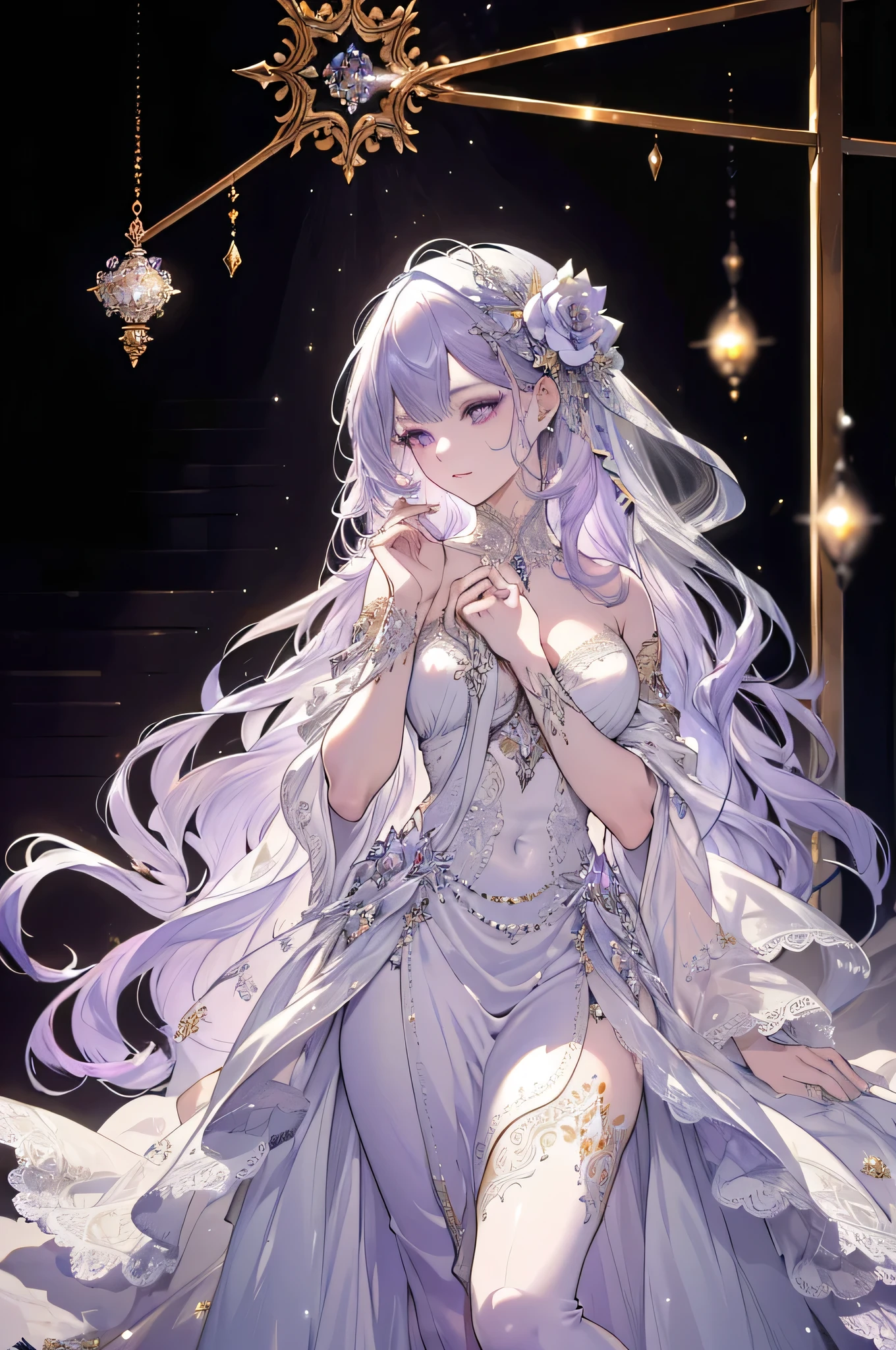 high quality art, silver marble skin, (((super detailed elegant))), magical atmosphere, detailed skin, texture, (exquisite details, intricate details, hyper detailed art), photographic depth, bokeh, silky smooth, stunning eyes, graceful features, flowers, full body, white lace, light purple hair, long hair