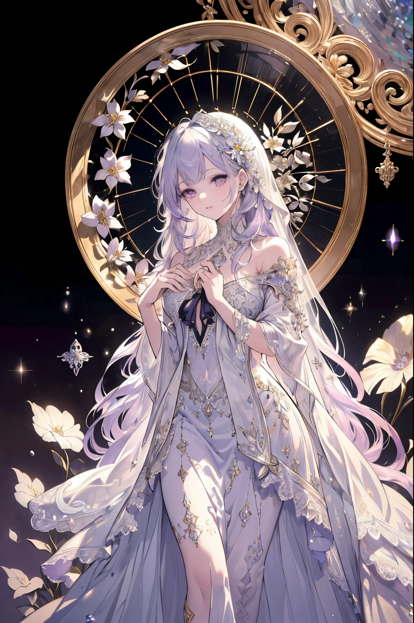 high quality art, silver marble skin, (((super detailed elegant))), magical atmosphere, detailed skin, texture, (exquisite details, intricate details, hyper detailed art), photographic depth, bokeh, silky smooth, stunning eyes, graceful features, flowers, full body, white lace, light purple hair, long hair