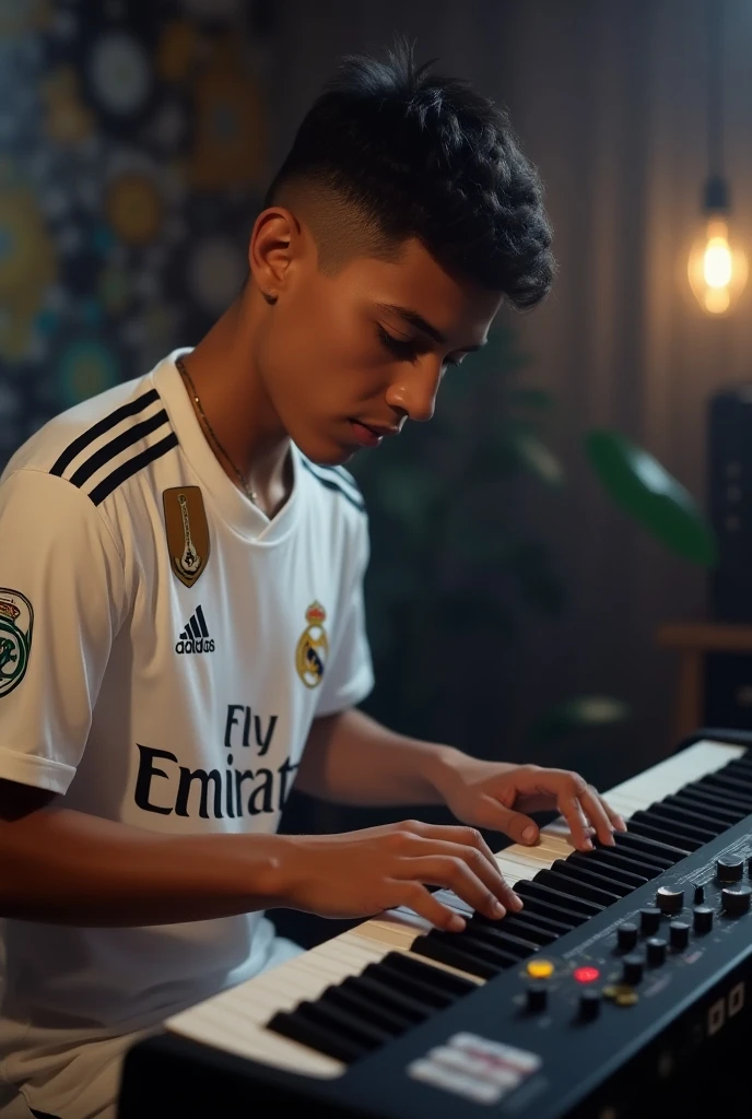 boy with glasses, Real Madrid shirt and headphones on