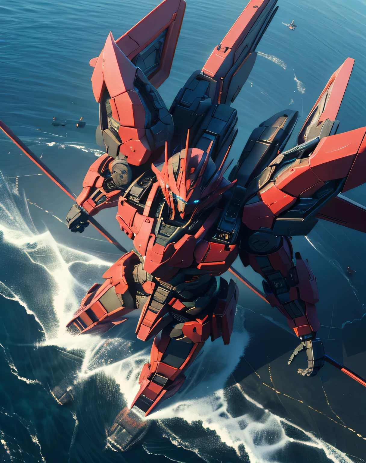 masterpiece, Best Quality, (( dynamic movement)), (red giant robot, Blue Chest, streamlined armor ), ( rendered in Unreal Engine 5 , Black Octane Rendering, Super detailed with octane rendering , rendered with 8K Unreal Engine , rendered with Unreal Engine 6 , high detail iconic characters , 8k octane rendering photorealistic, Unreal Engine 5 Render , rendered in Unreal Engine 5 , Detailed images, Ultra-precision), metallic, My eyes are glowing green, ((sea, Wave, Lots of water splashes: 1.5, Multiple spherical flying objects )), (from above: 1.5), EdobLandscapeAlpha, (32K, Ultra High Definition), Nijimecha, Holding a large sword, Symmetrical head , (view from front), don't look at me, ((absract art))