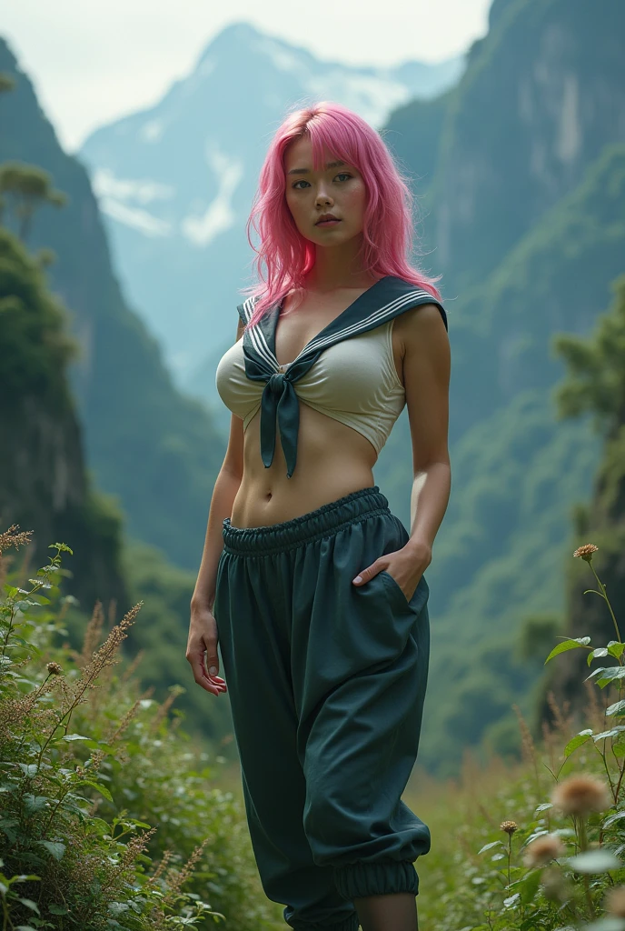 8k photograph of a defiance512 girl, 18 years old, (aqua colored hair) , blmpony, aqua hair, hair ribbon, braided ponytail, (pink shirt), belt, scarf, (pink skirt), clothes writing, brown gloves, medium breasts , (masterpiece: 1.4, ), extremely detailed skin, intricate background, rule of thirds, dramatic lighting, detailed face, detailed nose, realistic, raw, (photorealistic:1.2), analog, realism, full length view, (looking at viewer), sharp focus, glowing eyes, detailed 4k eyes, bokeh , grass field scene, grass, advntr, mountains in the background , bulma, dragon ball, no panties, visible pussy