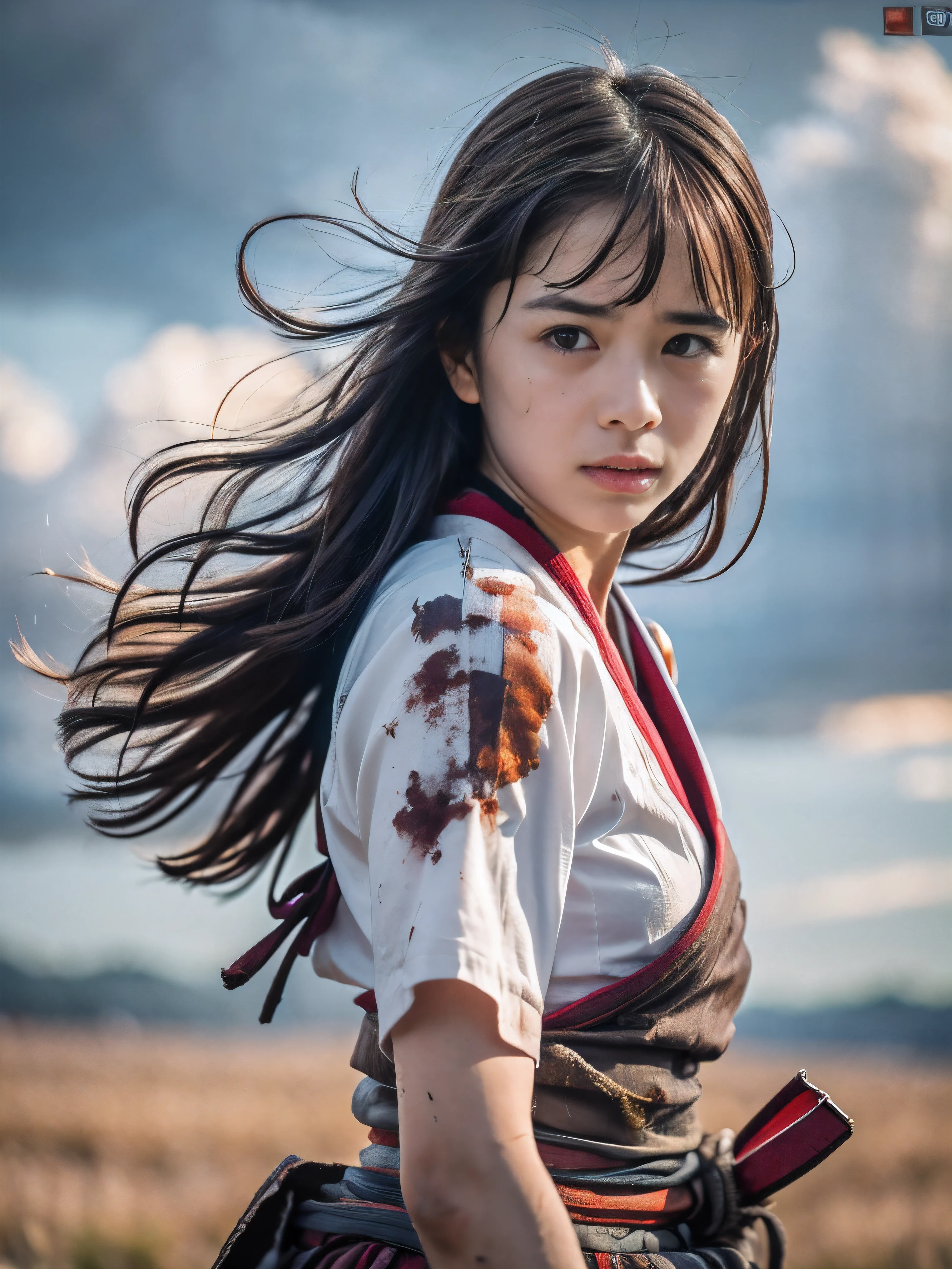 (Close up portrait of one slender small breasts red brown wavy long hair with dull bangs girl in a red colored dirty bloody samurai armor in Japan at raining:1.5)、(One girl makes fighting pose and hold Japanese traditional white blade sword on hand under the raining sky on the grassland in old Japan with crying dirty bloody face:1.5)、(Heavy raining dark sky:1.5)、(blurred background:1.5)、(Natural light:1.5)、(8k ultra detailed master piece:1.5)、(perfect anatomy:1.5)、(Photorealistic stick:1.5)、(Raw photo:1.3)、(highest quality:1.5)、(High resolution:1.3)、(Delicate and beautiful perfect face:1.3)、(Delicate and beautiful eye air skin:1.3)、(Real Human Skin:1.3)、((thin legs))