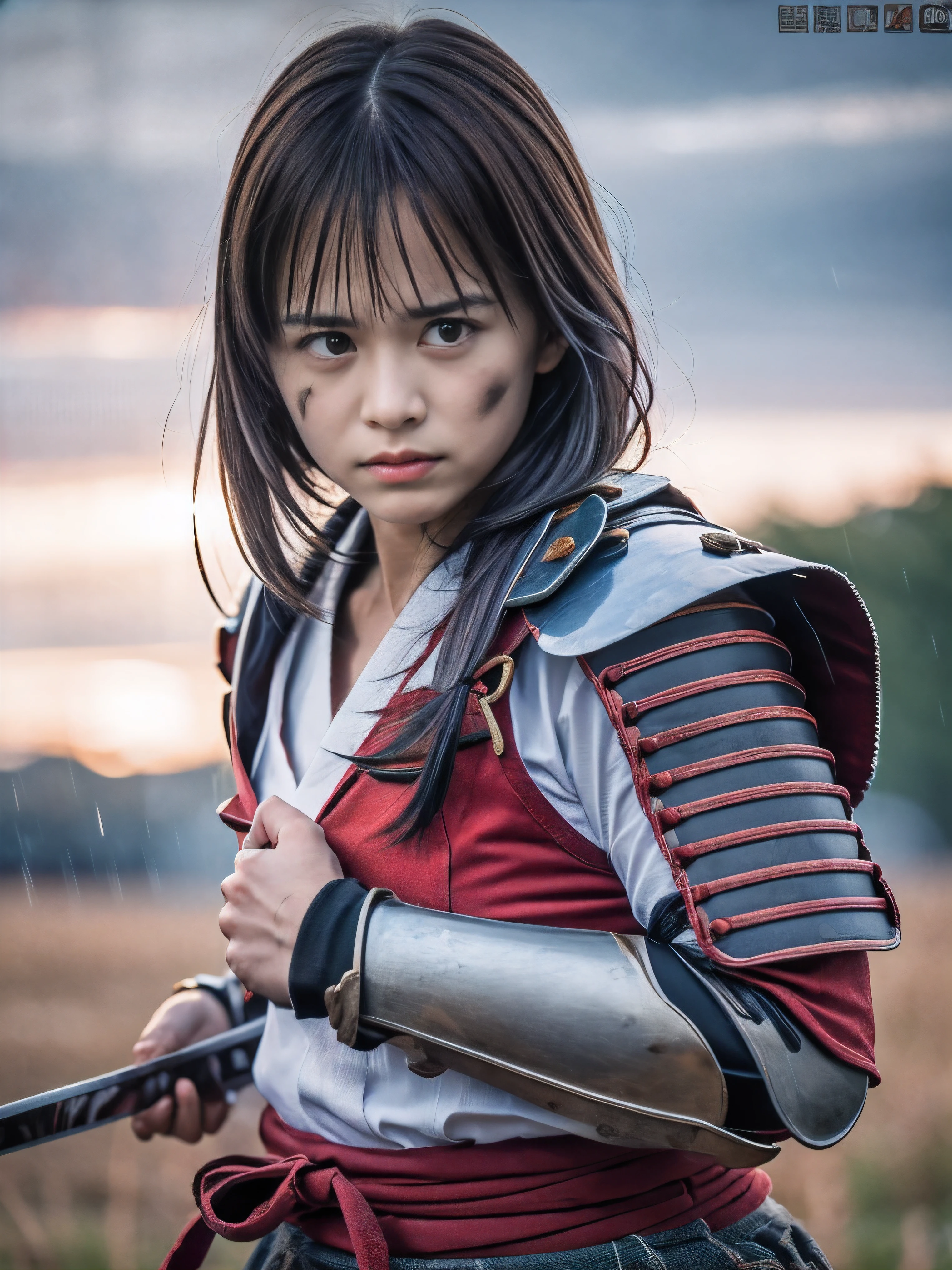 (Close up portrait of one slender small breasts round face brown short hair with bangs girl in a green colored dirty bloody samurai armor in Japan at raining:1.5)、(One girl makes fighting pose and hold Japanese traditional white blade sword on hand under the raining sky on the grassland in old Japan with crying dirty bloody face:1.5)、(Heavy raining dark sky:1.5)、(blurred background:1.5)、(Natural light:1.5)、(8k ultra detailed master piece:1.5)、(perfect anatomy:1.5)、(Photorealistic stick:1.5)、(Raw photo:1.3)、(highest quality:1.5)、(High resolution:1.3)、(Delicate and beautiful perfect face:1.3)、(Delicate and beautiful eye air skin:1.3)、(Real Human Skin:1.3)、((thin legs))