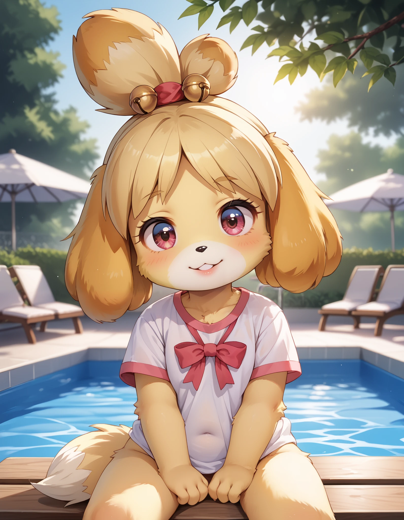 score_9, score_8_up, score_7_up, rating_questionable,, uploaded on e621, ((by Pino Daeni, by Ruan Jia, by Fumiko, by Levelviolet, by Supplesee)), kemono, dagasi, solo female isabelle \(animal crossing\) in animal form with tiny and short body with yellow fur (wearing pink shirt) with leaf patterns and (no pants) and white belly and top knot and (bells), (feral), (flat chest), (detailed fluffy fur), (half-lengthportrait, front view, looking at viewer), BREAK, (sitting in hotel swimming pool bench with plant and flower), (detailed background, depth of field, half body shadow, sunlight, ambient light on the body), (intricate:1), (high detail), (unreal engine), (soft focus), [questionable content], (masterpiece, best quality, 4k, 2k, shaded, absurd res)