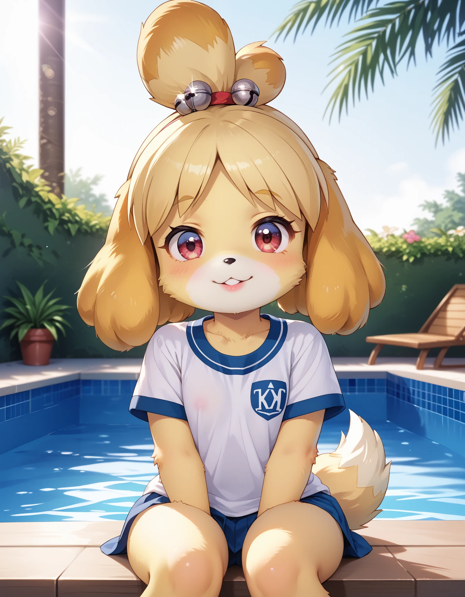 score_9, score_8_up, score_7_up, rating_questionable,, uploaded on e621, ((by Pino Daeni, by Ruan Jia, by Fumiko, by Levelviolet, by Supplesee)), kemono, dagasi, solo female isabelle \(animal crossing\) in animal form with tiny and short body with yellow fur (wearing pink shirt) with leaf patterns and (no pants) and white belly and top knot and (bells), (feral), (flat chest), (detailed fluffy fur), (half-lengthportrait, front view, looking at viewer), BREAK, (sitting in hotel swimming pool bench with plant and flower), (detailed background, depth of field, half body shadow, sunlight, ambient light on the body), (intricate:1), (high detail), (unreal engine), (soft focus), [questionable content], (masterpiece, best quality, 4k, 2k, shaded, absurd res)