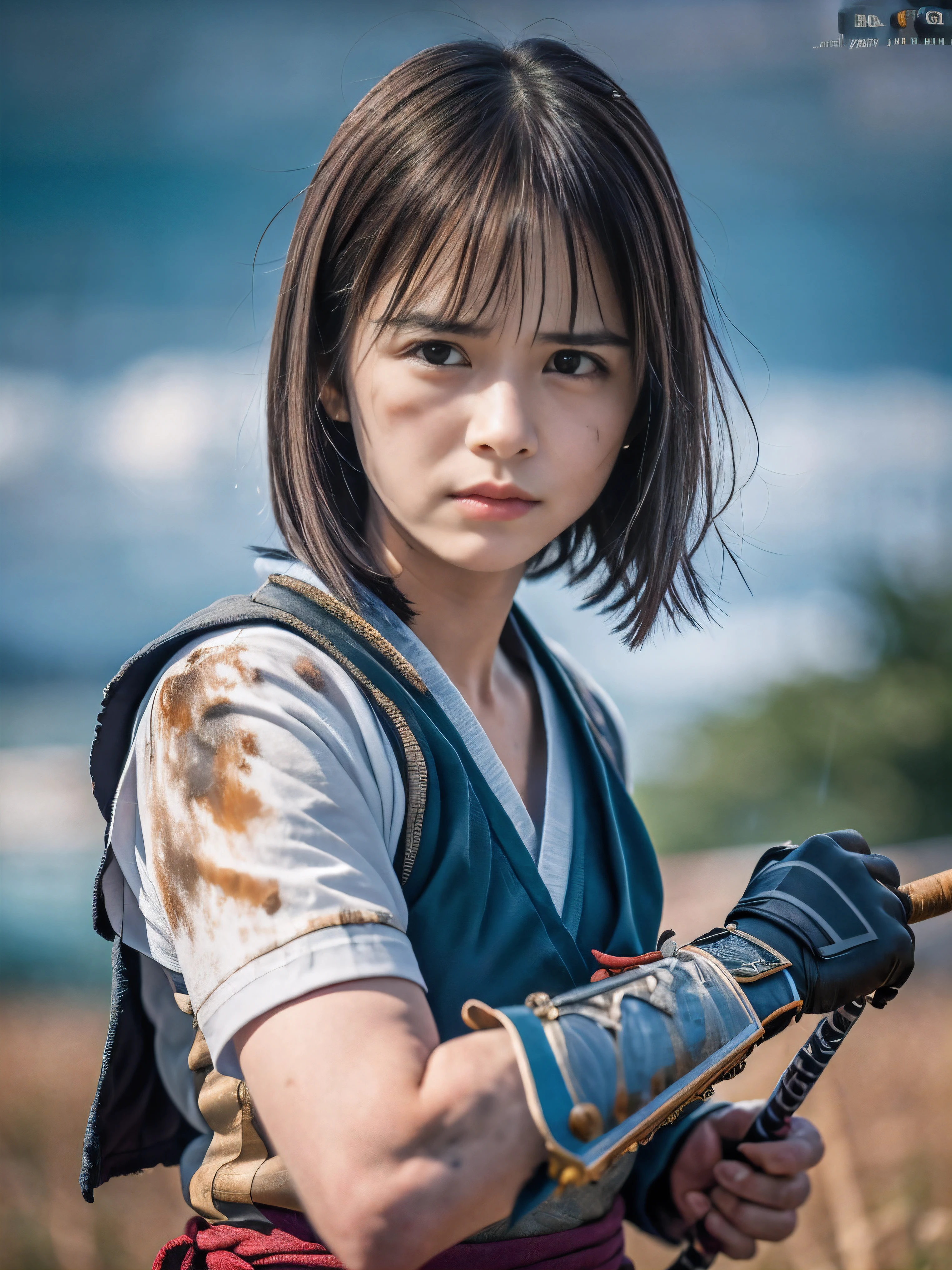 (Close up portrait of one slender small breasts round face brown short hair with bangs girl in a green colored dirty bloody samurai armor in Japan at raining:1.5)、(One girl makes fighting pose and hold Japanese traditional white blade sword on hand under the raining sky on the grassland in old Japan with crying dirty bloody face:1.5)、(Heavy raining dark sky:1.5)、(blurred background:1.5)、(Natural light:1.5)、(8k ultra detailed master piece:1.5)、(perfect anatomy:1.5)、(Photorealistic stick:1.5)、(Raw photo:1.3)、(highest quality:1.5)、(High resolution:1.3)、(Delicate and beautiful perfect face:1.3)、(Delicate and beautiful eye air skin:1.3)、(Real Human Skin:1.3)、((thin legs))