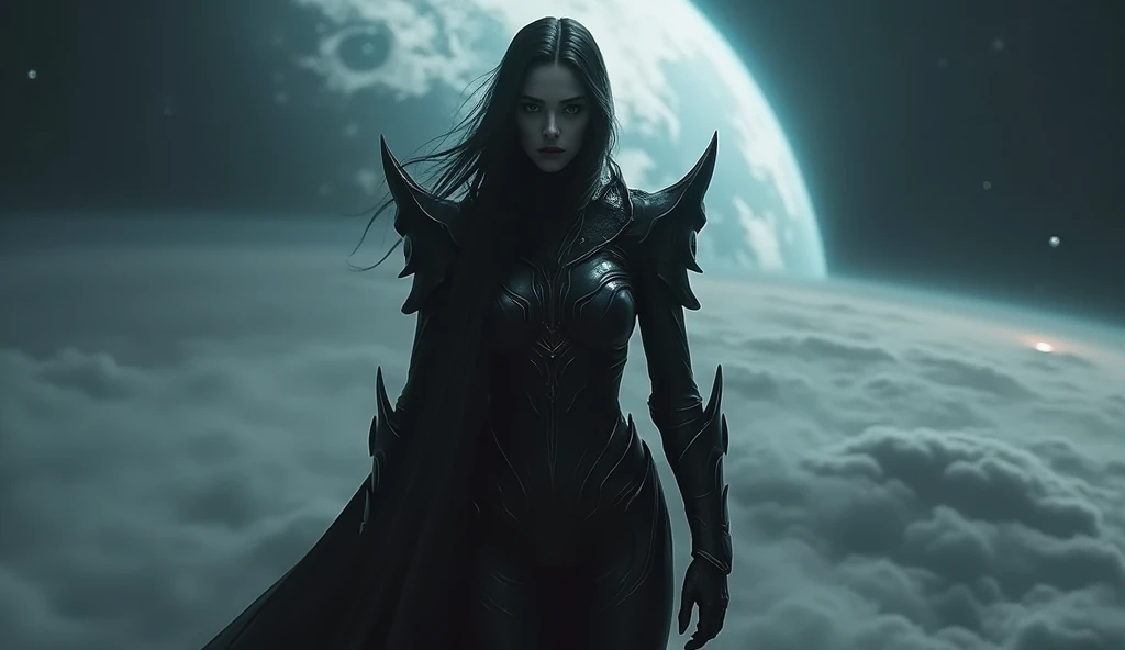 a dark vampire woman in a futuristic uniform as she looks around a mysterious planet that hides dark mysteries