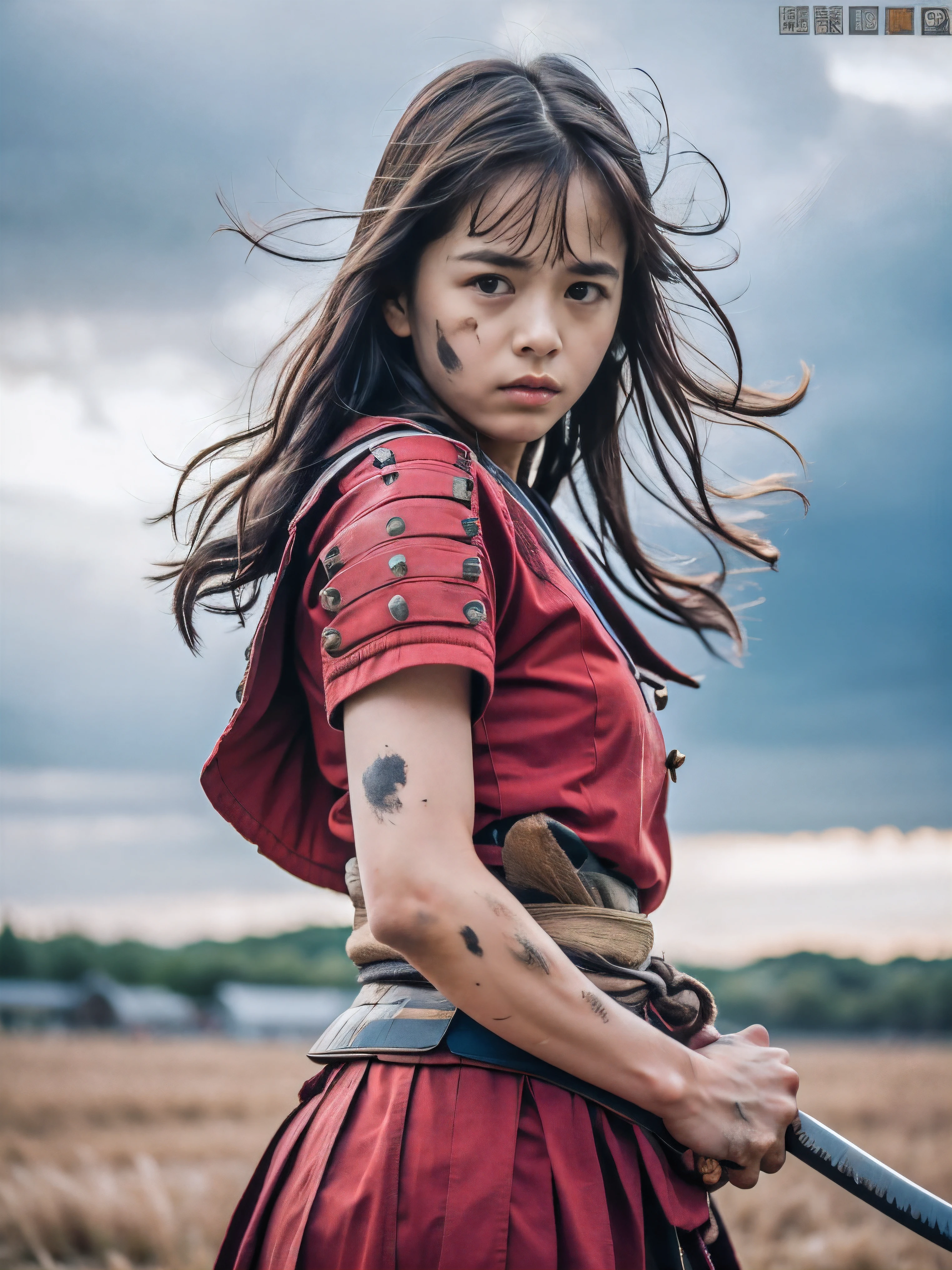 (Close up portrait of one slender small breasts red brown wavy long hair with dull bangs girl in a red colored dirty bloody samurai armor in Japan at raining:1.5)、(One girl makes fighting pose and hold Japanese traditional white blade sword on hand under the raining sky on the grassland in old Japan with crying dirty bloody face:1.5)、(Heavy raining dark sky:1.5)、(blurred background:1.5)、(Natural light:1.5)、(8k ultra detailed master piece:1.5)、(perfect anatomy:1.5)、(Photorealistic stick:1.5)、(Raw photo:1.3)、(highest quality:1.5)、(High resolution:1.3)、(Delicate and beautiful perfect face:1.3)、(Delicate and beautiful eye air skin:1.3)、(Real Human Skin:1.3)、((thin legs))