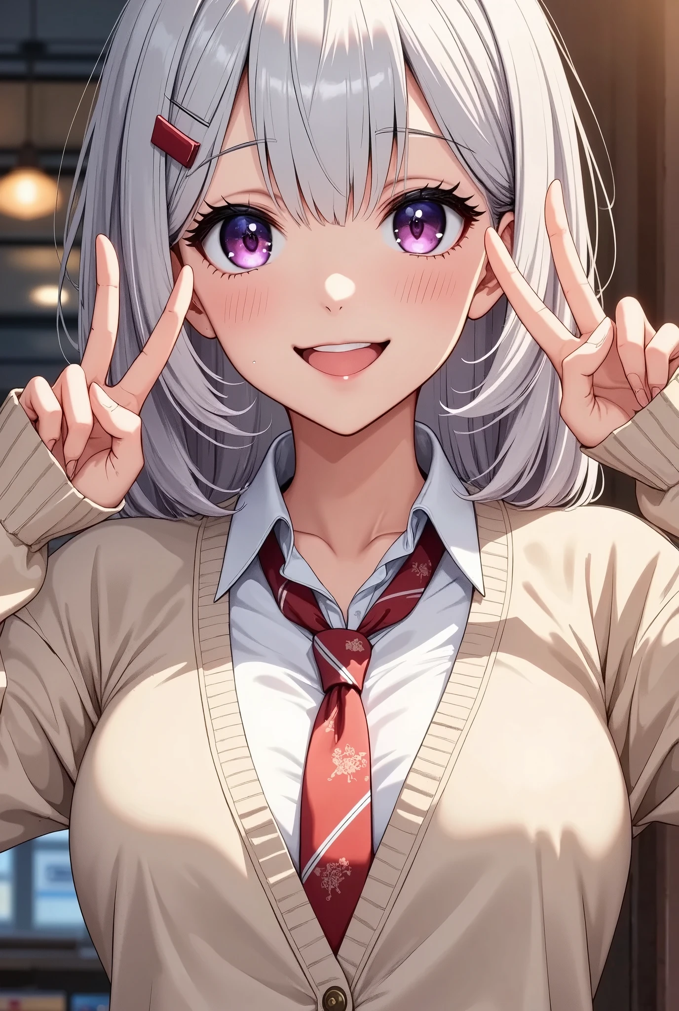 1girl, She's a cute schoolgirl ,  cream colored cardigan with extra sleeves,  white shirt ,  a ribbon with a design ,  mini skirt,  small breasts,  beautiful long silvery white hair ,  Healthy Thighs, Detailed depiction of thighs, Her beautiful,  her adorable eyes shine like jewels , ((  Face Closeup  :1.4,  a nice pop smile , Smiling brightly:1.3,  peace sign with both hands:1.35,  double piece:1.3)),  beautiful digital art ,  fast food restaurants, Inside the store, masterpiece, Best Quality,  Ultra High Definition,rich contrast,  great quality ,8k,  very detailed, Best Quality anime,Please redeem Deep Borderline 1 .2,  ultra-detailed eyes , Beautiful and glossy lips 