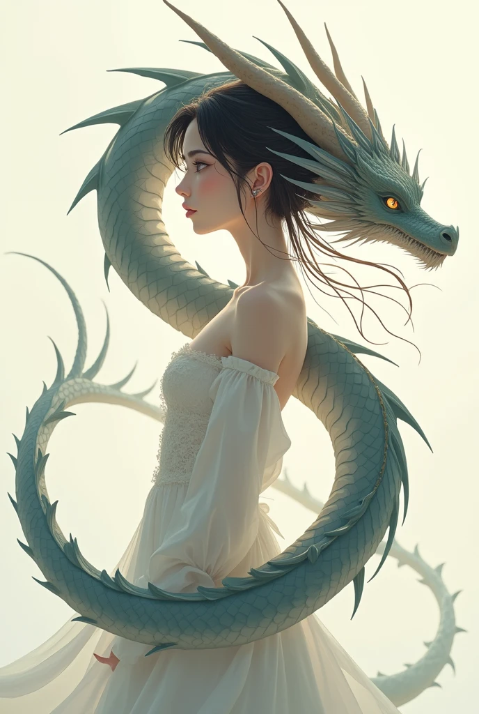 dragon_real,(extremely detailed CG unity 8k wallpaper,masterpiece, best quality, ultra-detailed, beautiful detailed eyes:1.2),best illumination, (best shadow, an extremely delicate and beautiful, bloom),the girl was surrounded by dragons,
(1girl:1.4),breasts, solo,full body,Back tattoo,white dress,(color dragon:1.4),Bare leg,long dress,