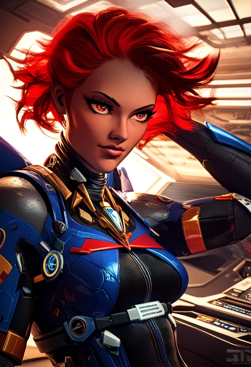 a beautiful detailed eyes, beautiful detailed lips, extremely detailed eyes and face, long eyelashes, black skin woman, mecha pilot, black short hair,black pilot suit,cockpit,super soldier red eyes, hair lisse, piloting, (best quality,4k,8k,highres,masterpiece:1.2), concept art, cinematic lighting, dynamic pose, dramatic colors, intricate detail, futuristic, sci-fi