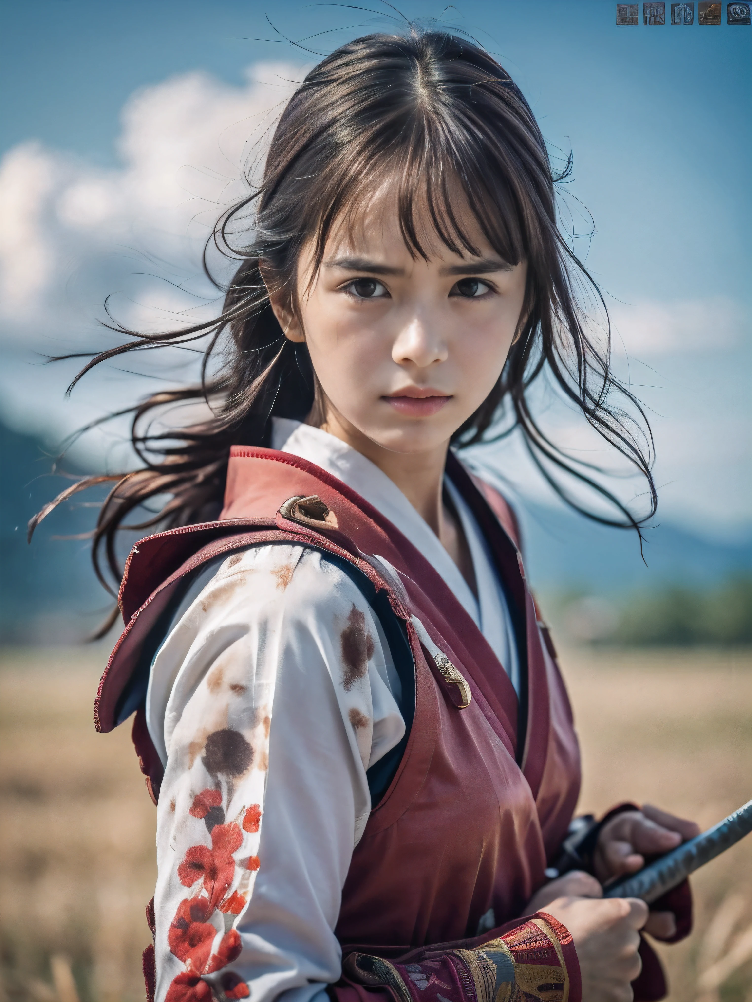 (Close up portrait of one slender small breasts red brown wavy long hair with dull bangs girl in a red colored dirty bloody samurai armor in Japan at raining:1.5)、(One girl makes fighting pose and hold Japanese traditional white blade sword on hand under the raining sky on the grassland in old Japan with crying dirty bloody face:1.5)、(Heavy raining dark sky:1.5)、(blurred background:1.5)、(Natural light:1.5)、(8k ultra detailed master piece:1.5)、(perfect anatomy:1.5)、(Photorealistic stick:1.5)、(Raw photo:1.3)、(highest quality:1.5)、(High resolution:1.3)、(Delicate and beautiful perfect face:1.3)、(Delicate and beautiful eye air skin:1.3)、(Real Human Skin:1.3)、((thin legs))