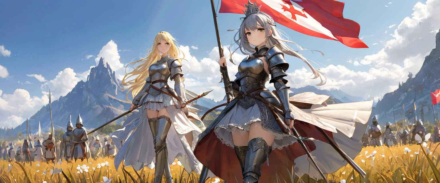 (  Highly detailed CG octane rendering 8K wallpaper with long spears ),   World's Most Beautiful Artwork  ,   Long Spear with a Flag , Complex,   high detail, ８  girl , Silver embroidery,  Medieval Long Cotton Dress （With panniers）, cotton cloth,   raise skirt  , Strong winds, Transparent slip, Translucent Tights  , Peeking from below, Best Quality, Disarray of clothing,   lies down, underwear,   show off your thighs, knight , Skirt lining, Bloomers、Leather Armor、 with a flag attached to a long spear 
