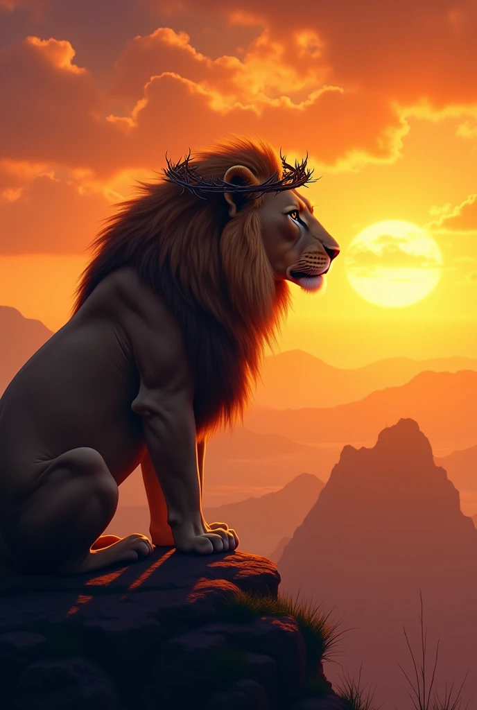 " Lion in profile with crown of thorns on a raised hill , contemplating the horizon at sunset. Warm and golden evening cores illuminate the silhouette, highlighting the texture of the hair and crown . In the background, mountains and a vibrant sky , creating an atmosphere of peace and power ."
