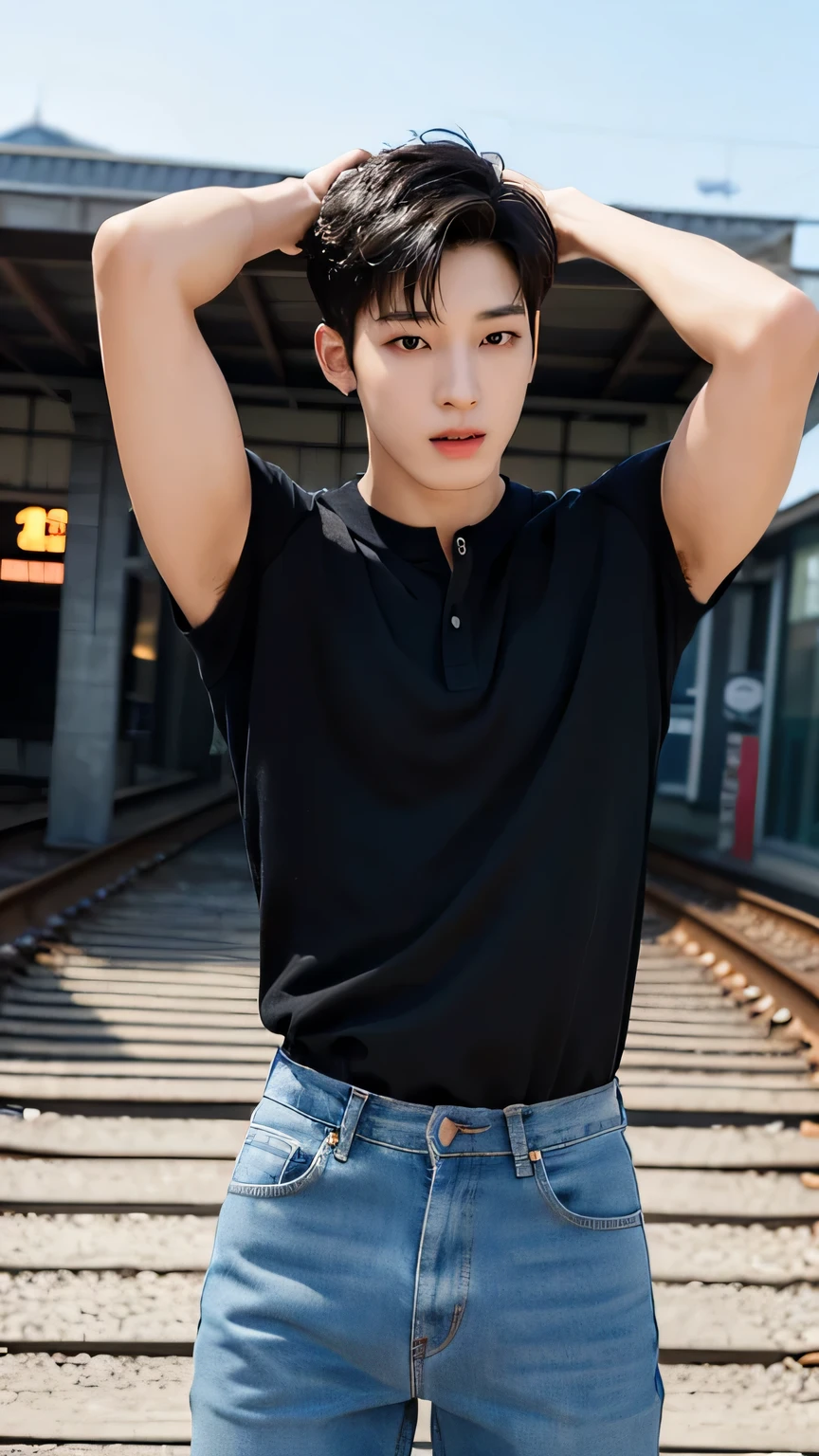 Model Description: Wonoo Seventeen,A young, athletic Korean male model in his mid-20s with short, styled black hair that is slightly tousled. His features are sharp, with high cheekbones, a defined jawline, and expressive dark brown eyes. He has a lean, muscular build with defined arms, shoulders, and chest, complemented by clear, warm-toned skin.
Subject: Model stepping down from the train onto a station platform.
Details: Wearing a fitted Henley shirt with rolled sleeves and jeans, showing his toned arms and muscular build.
Environment / Background: An old-fashioned station platform with vintage signs and iron railings.
Lighting: Early evening light, warm with soft shadows.
Style: Fashion magazine with a nostalgic, vintage touch.
Mood / Atmosphere: Grounded, confident, ready to explore.
Camera Angle: Mid-shot capturing his movement.
Quality & Resolution: 4K resolution with detailed texture.
Other Specifics: Slight motion blur on one foot to show movement.
