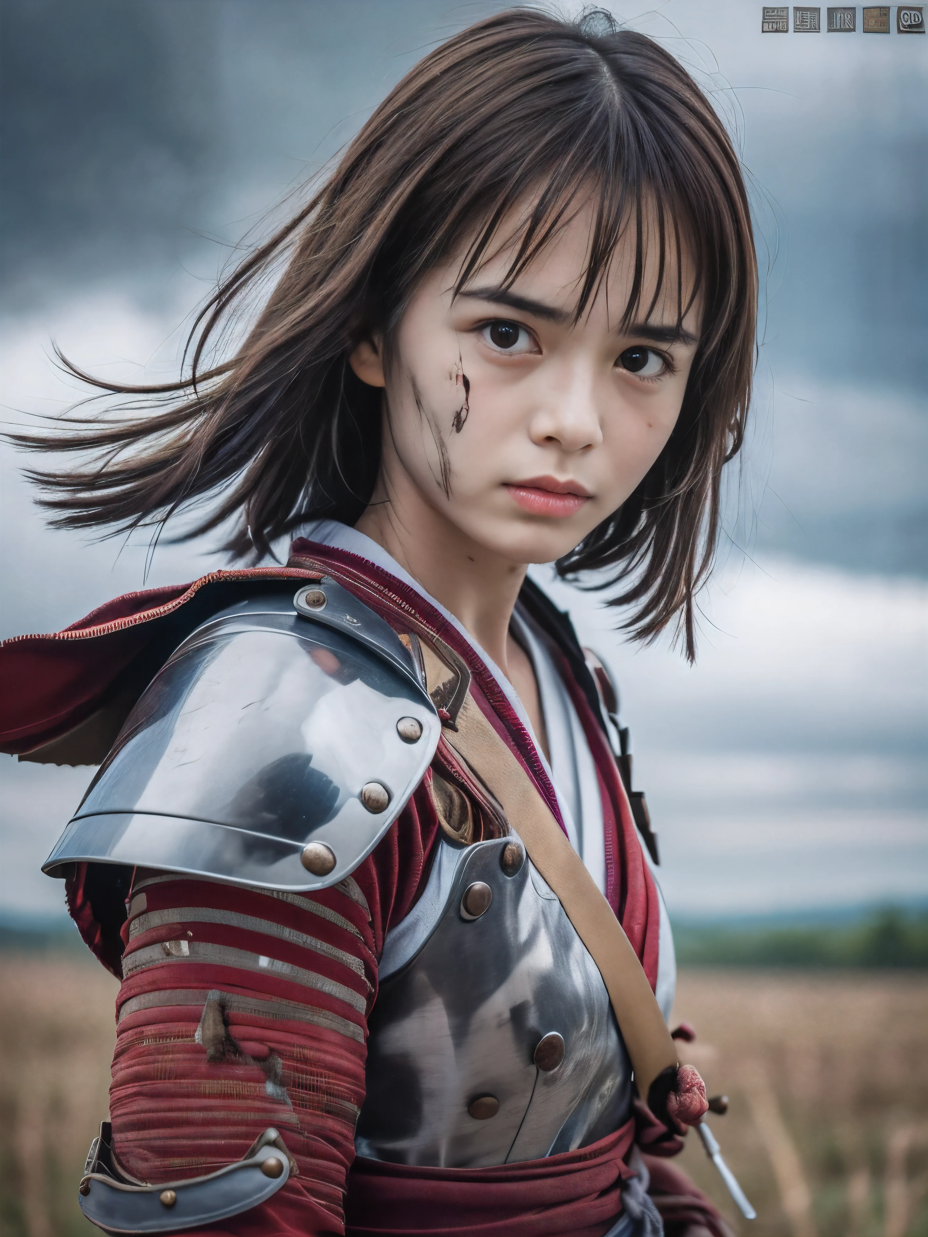 (Close up portrait of one slender small breasts round face brown short hair with bangs girl in a green colored dirty bloody samurai armor in Japan at raining:1.5)、(One girl makes fighting pose and hold Japanese traditional white blade sword on hand under the raining sky on the grassland in old Japan with crying dirty bloody face:1.5)、(Heavy raining dark sky:1.5)、(blurred background:1.5)、(Natural light:1.5)、(8k ultra detailed master piece:1.5)、(perfect anatomy:1.5)、(Photorealistic stick:1.5)、(Raw photo:1.3)、(highest quality:1.5)、(High resolution:1.3)、(Delicate and beautiful perfect face:1.3)、(Delicate and beautiful eye air skin:1.3)、(Real Human Skin:1.3)、((thin legs))