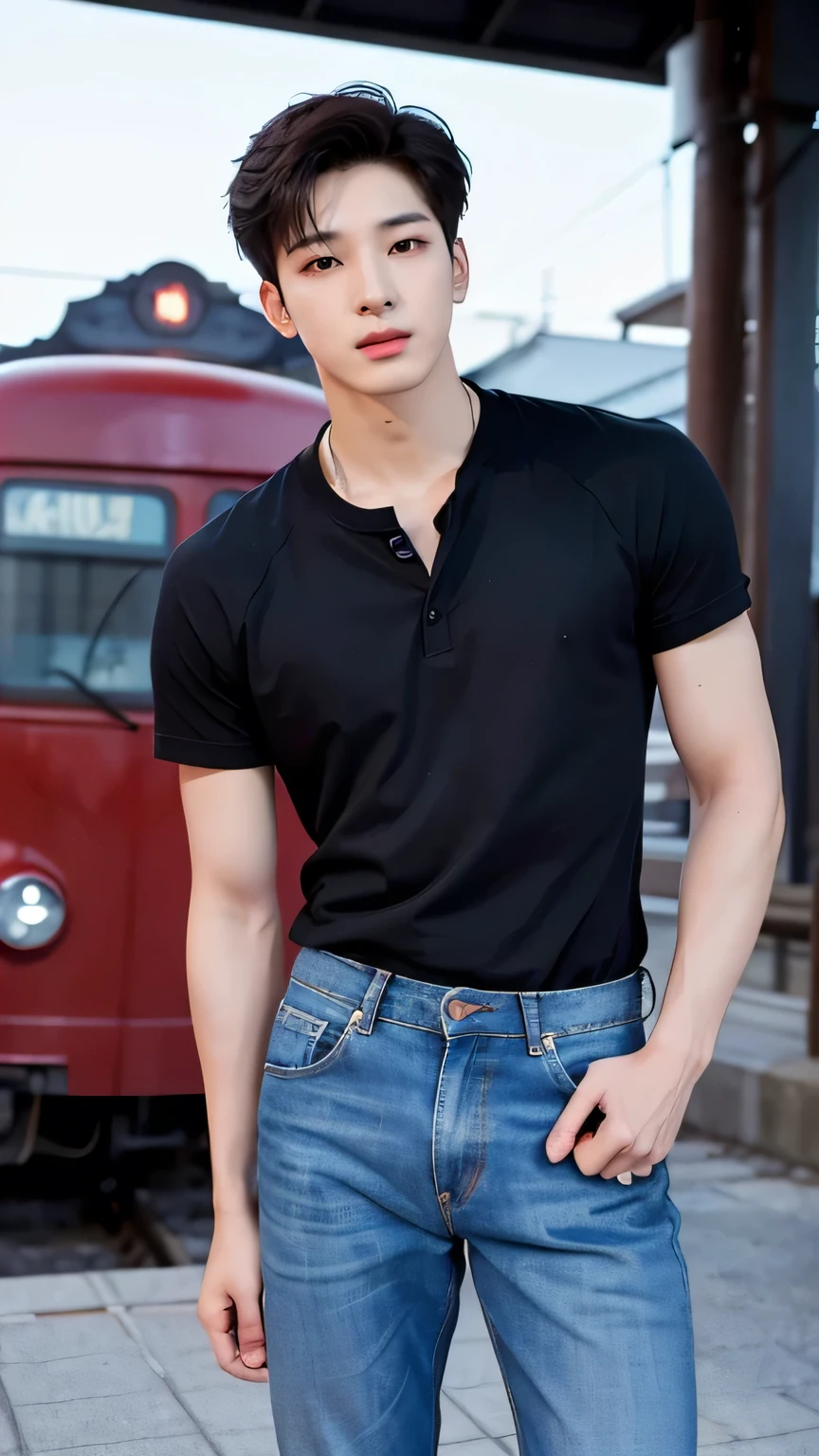 Model Description: Wonoo Seven,A young, athletic Korean male model in his mid-20s with short, styled black hair that is slightly tousled. His features are sharp, with high cheekbones, a defined jawline, and expressive dark brown eyes. He has a lean, muscular build with defined arms, shoulders, and chest, complemented by clear, warm-toned skin.
Subject: Model stepping down from the train onto a station platform.
Details: Wearing a fitted Henley shirt with rolled sleeves and jeans, showing his toned arms and muscular build.
Environment / Background: An old-fashioned station platform with vintage signs and iron railings.
Lighting: Early evening light, warm with soft shadows.
Style: Fashion magazine with a nostalgic, vintage touch.
Mood / Atmosphere: Grounded, confident, ready to explore.
Camera Angle: Mid-shot capturing his movement.
Quality & Resolution: 4K resolution with detailed texture.
Other Specifics: Slight motion blur on one foot to show movement.