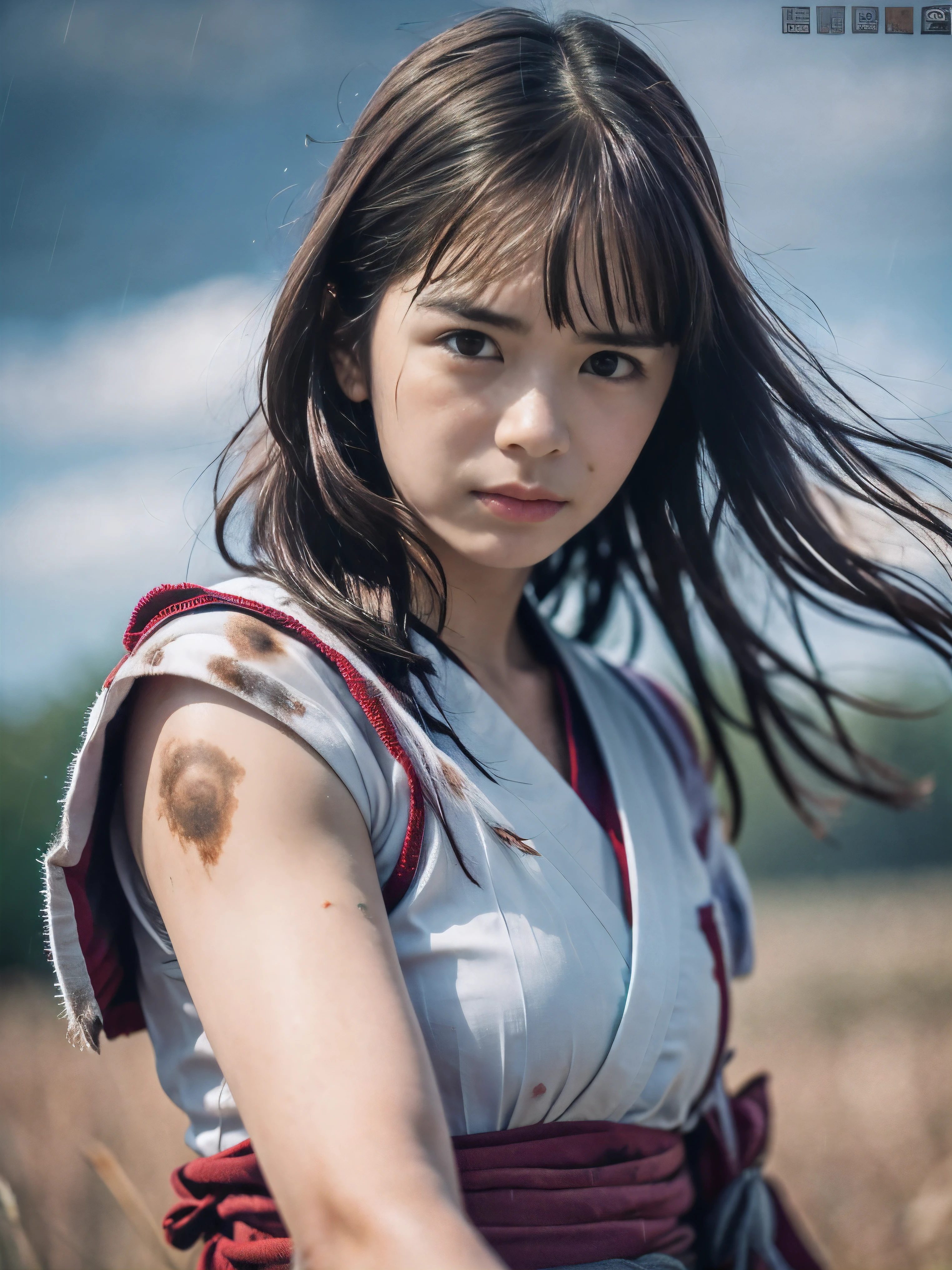 (Close up portrait of one slender small breasts red brown wavy long hair with dull bangs girl in a red colored dirty bloody samurai armor in Japan at raining:1.5)、(One girl makes fighting pose and hold Japanese traditional white blade sword on hand under the raining sky on the grassland in old Japan with crying dirty bloody face:1.5)、(Heavy raining dark sky:1.5)、(blurred background:1.5)、(Natural light:1.5)、(8k ultra detailed master piece:1.5)、(perfect anatomy:1.5)、(Photorealistic stick:1.5)、(Raw photo:1.3)、(highest quality:1.5)、(High resolution:1.3)、(Delicate and beautiful perfect face:1.3)、(Delicate and beautiful eye air skin:1.3)、(Real Human Skin:1.3)、((thin legs))