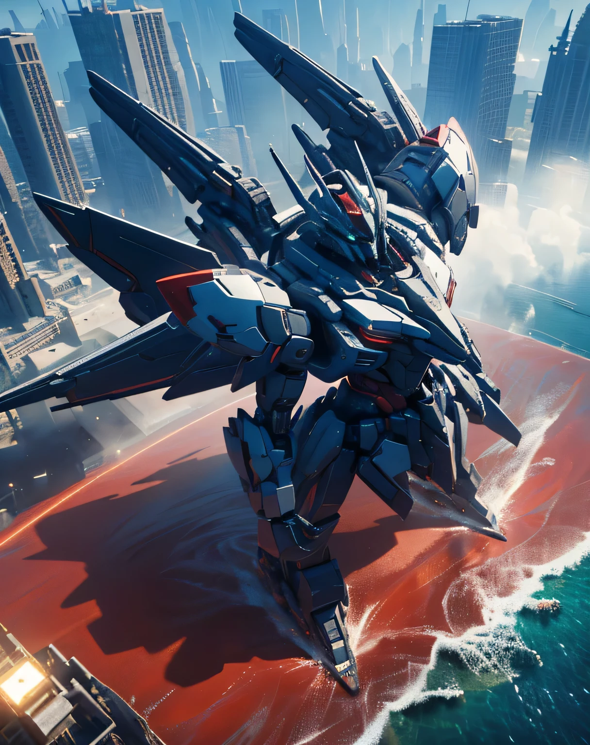 ((masterpiece, Best Quality)), (( dynamic movement)), (red giant robot, Blue Chest, angular armor), ( rendered in Unreal Engine 5 , Black Octane Rendering, Super detailed with octane rendering , rendered with 8K Unreal Engine , rendered with Unreal Engine 6 , high detail iconic characters , 8k octane rendering photorealistic, Unreal Engine 5 Render , rendered in Unreal Engine 5 , Detailed images, Ultra-precision), metallic, My eyes are glowing green, ((sea, Wave, Lots of water splashes: 1.5, Multiple spherical flying objects )), (from above: 1.5), EdobLandscapeAlpha, (32K, Ultra High Definition), Nijimecha, Holding a large sword, Symmetrical head , (view from front), don't look at me, ((absract art))