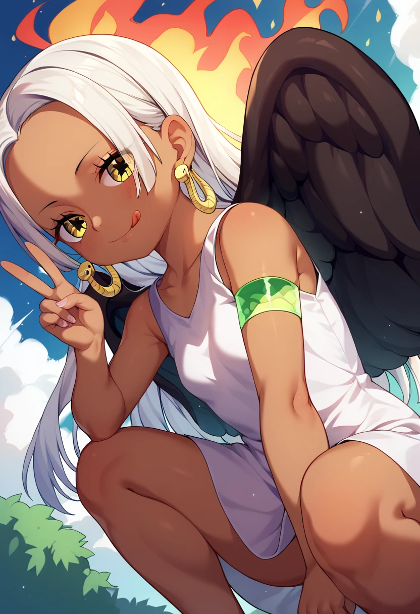 UHD, retina, textured skin, high details, high quality, best quality,  highres icon, 1080P, HD, 16k、1 Girl,Earthsnake , Long Hair, white hair, Brown Skin、,  earrings for a woman alone, Yellow Eyes, symbol-shaped pupils,  black wings  ,  small breasts.  sundress,  white dress,  sleeveless, armlet、 cute、Flames on the back、flat chest、from below、looking down、squatting、 cute、 sexy、Stick one’s tongue out、peace fingers