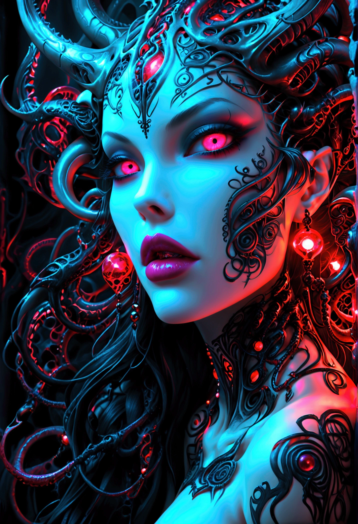 Create an image of Stunningly gorgeous beautiful perfect hr giger tattooed sexy seductive demonic girl, Stunningly gorgeous perfect flawless sexy face, hyper detailed neon ruby ornaments, large firm breasts, full body view, nude, no color black and gray only,