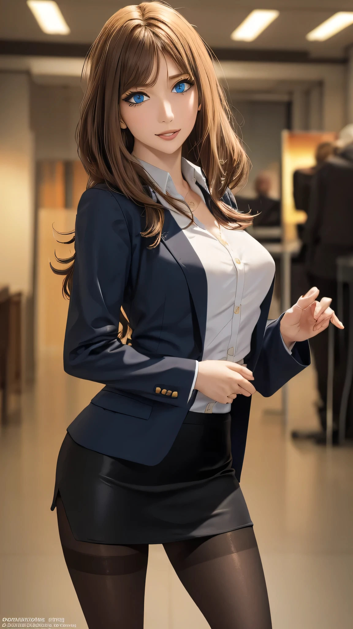 (Best Quality, 4K, 8k high resolution, masterpiece:1.2),  very detailed, 1 person, Bewitching Woman, (Long Hair,  blue eyes), office, sexy vibe , Attractive legs, attractive breasts,  Magic Hour,((company employee)),(( black pantyhose)), ((suit)),(( miniskirt)),(()),((blouse)),Focus on individuality ,   fine and beautiful eyes ,  beautiful lip detail,  Long eyelashes,  Vivid Colors, Photo Spot,Soft and warm colors,