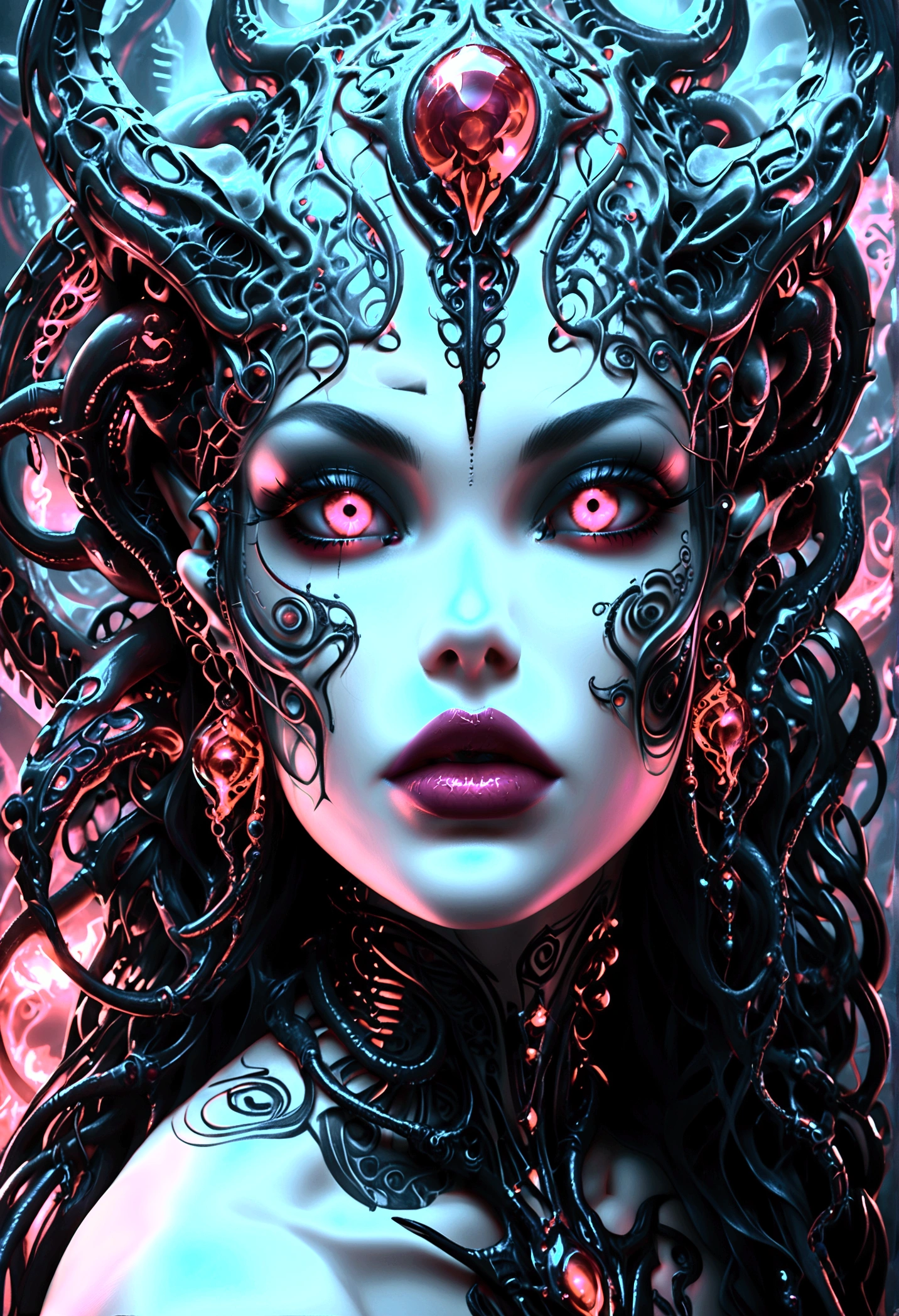 Create an image of Stunningly gorgeous beautiful perfect hr giger tattooed sexy seductive demonic girl, Stunningly gorgeous perfect flawless sexy face, hyper detailed neon ruby ornaments, large firm breasts, full body view, nude, no color black and gray only,