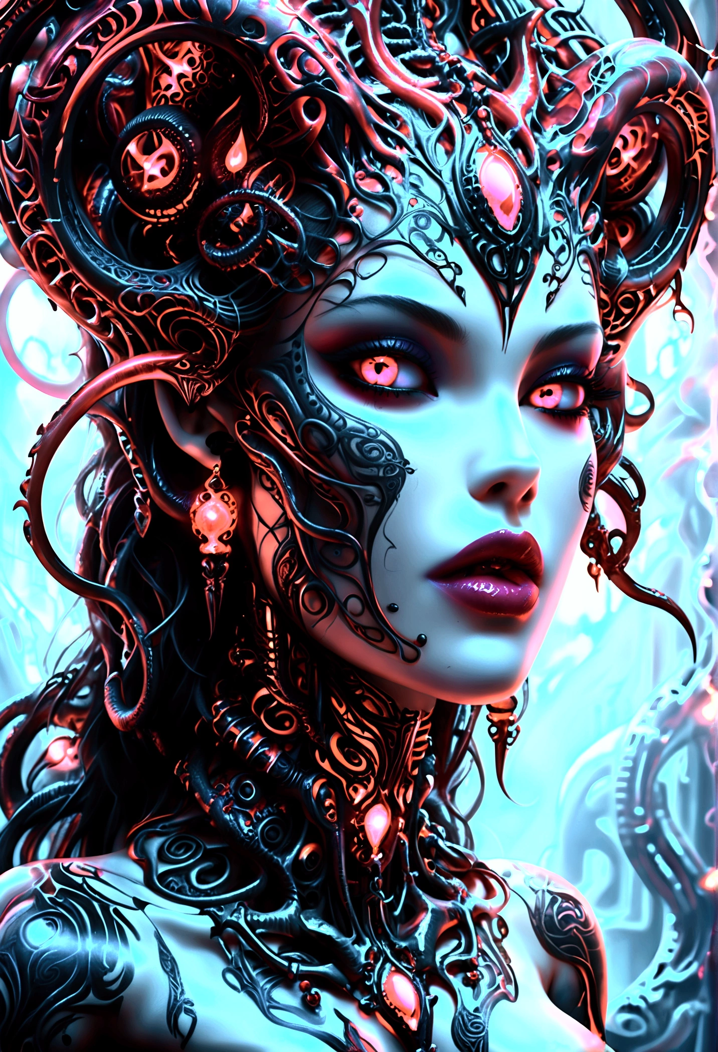 Create an image of Stunningly gorgeous beautiful perfect hr giger tattooed sexy seductive demonic girl, Stunningly gorgeous perfect flawless sexy face, hyper detailed neon ruby ornaments, large firm breasts, full body view, nude, no color black and gray only,