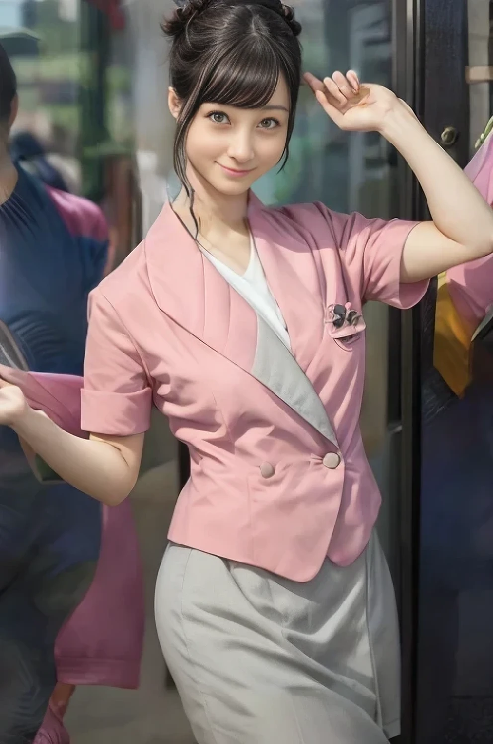 (masterpiece:1.2, Best Quality:1.2), 32kHDR, Hi-Res, (Alone、 1 girl)、(Rooftop of a building during the day、Professional Lighting)、With the roof of the building in the background 、(Nankai train crew uniform pinkを着たリアルスタイル)、(Nankai Electric Railway crew uniform, pink, Short sleeve, Collarless, pink jacket、Nankai Electric Railway crew uniform pink no-collar short-sleeve blouse、Nankai Electric Railway crew uniform pink grey knee-length culottes)、((The bottom of the pink short-sleeved jacket cannot be tucked into the clay-colored culottes..))、 dark brown hair 、(Hair tied up、Hair Bun、Hair Bun)、 dark brown hair 、Long Hit、Big Breasts、Thin legs、((Great hands:2.0)),(( harmonious body proportions :1.5)),((Normal limbs:2.0)),((Usually refers to:2.0)),(( DELICATE EYES FULL OF DECISION:2.0)),((Normal eyes:2.0)))、smile、(Nankai Electric Railway crew uniform pink grey knee-length culottesを見せた美しい立ち姿)