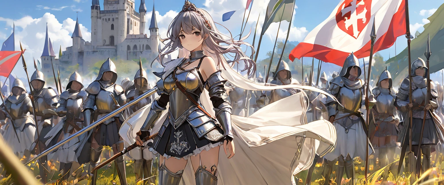 (  Highly detailed CG octane rendering 8K wallpaper with long spears ),   World's Most Beautiful Artwork  ,   Long Spear with a Flag , Complex,   high detail, ８  girl , Silver embroidery,  Medieval Long Cotton Dress （With panniers）, cotton cloth,   raise skirt  , Strong winds, Transparent slip, Translucent Tights  , Peeking from below, Best Quality, Disarray of clothing,   lies down, underwear,   show off your thighs, knight , Skirt lining, Bloomers、Leather Armor、 with a flag attached to a long spear 
