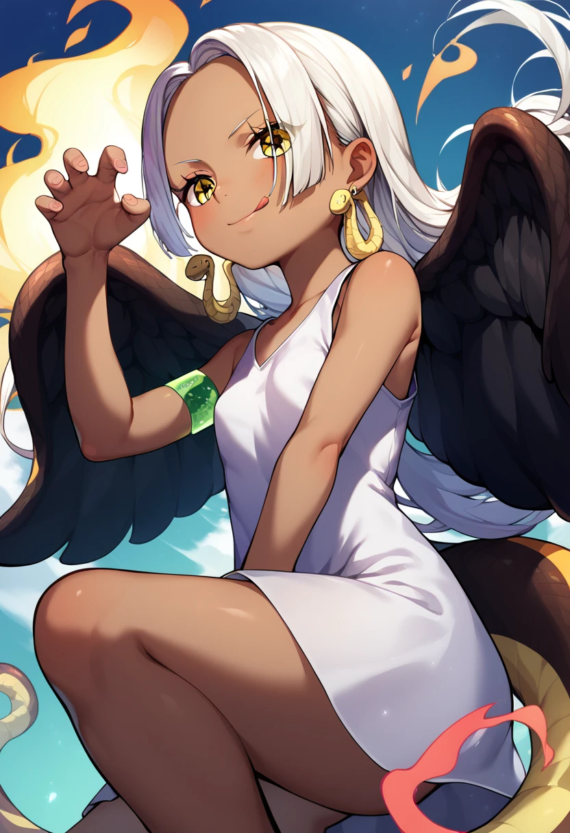 UHD, retina, textured skin, high details, high quality, best quality,  highres icon, 1080P, HD, 16k、1 Girl,Earthsnake , Long Hair, white hair, Brown Skin、,  earrings for a woman alone, Yellow Eyes, symbol-shaped pupils,  black wings  ,  small breasts.  sundress,  white dress,  sleeveless, armlet、 cute、Flames on the back、flat chest、from below、looking down、squatting、 cute、 sexy、Stick one’s tongue out、claw pose