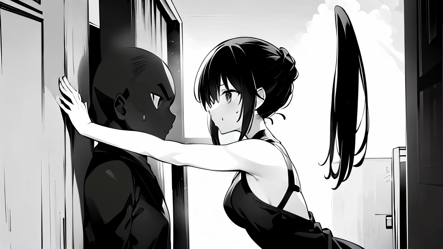 monochrome, grayscale, kabedon from side, manga style, size difference, (1man), (1woman)