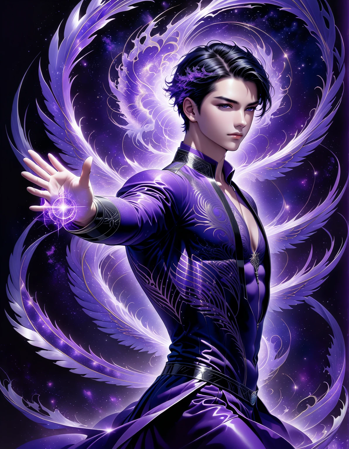 boy,1 person,Handsome and beautiful face,purple eyes,purple hair,shiny surface,thin muscular body,Wearing a purple ancient outfit,Butterfly hair accessory, backdrop,floating on water,There are trees and butterflies all around.,Holding a sparkling purple lotus in his hand,There was a purple magic ring around him.