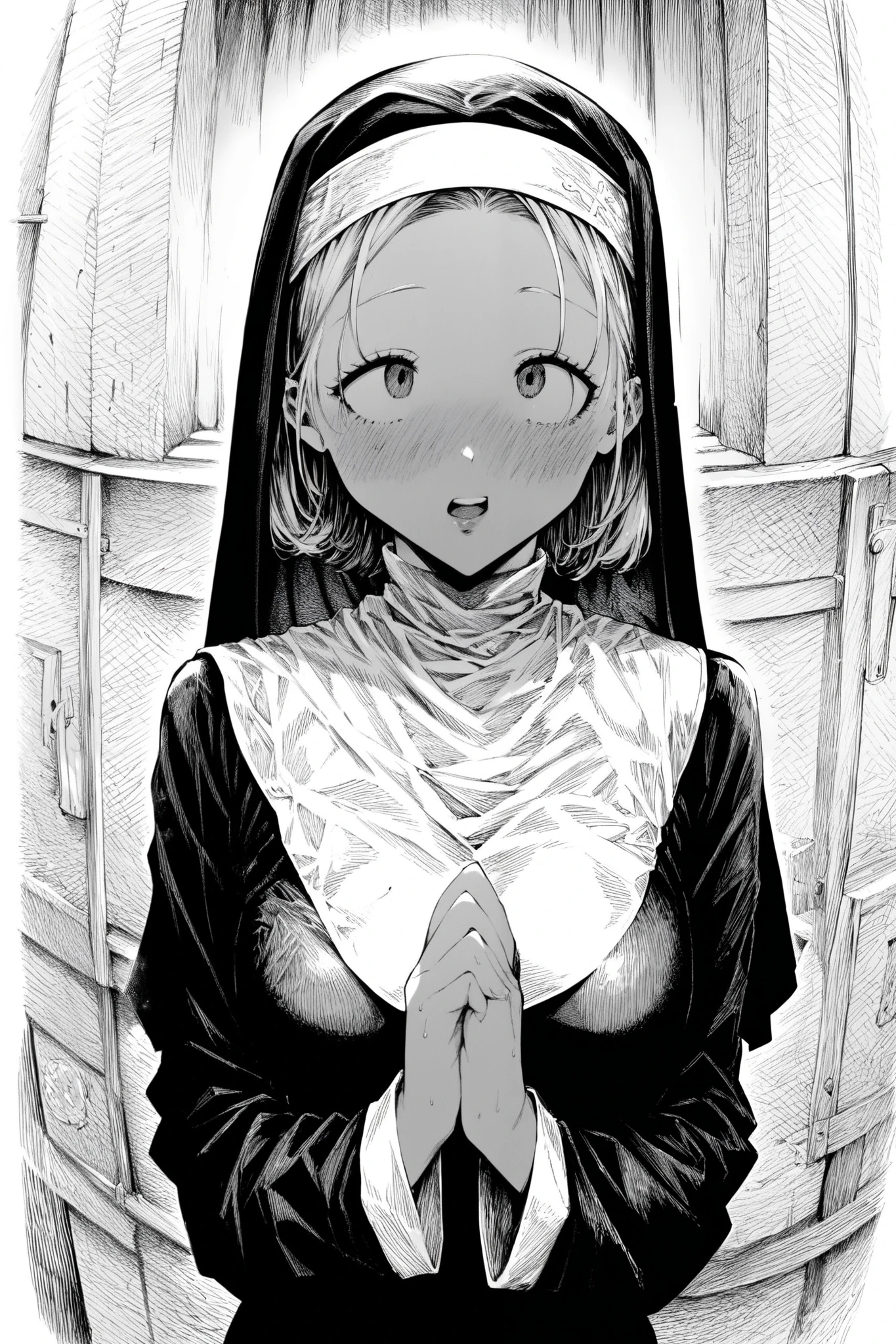 score_9, score_8_up, score_7_up, score_6_up, masterpiece, best quality, greyscale, 1girl, manga art, extremely detailed, highly detailed, manga art, crosshatch shading, slender, petite, nun outfit, head dress, nun's habit, light hair, parted bangs, looking up, dark clothes, directional hatching shading, crosshatching