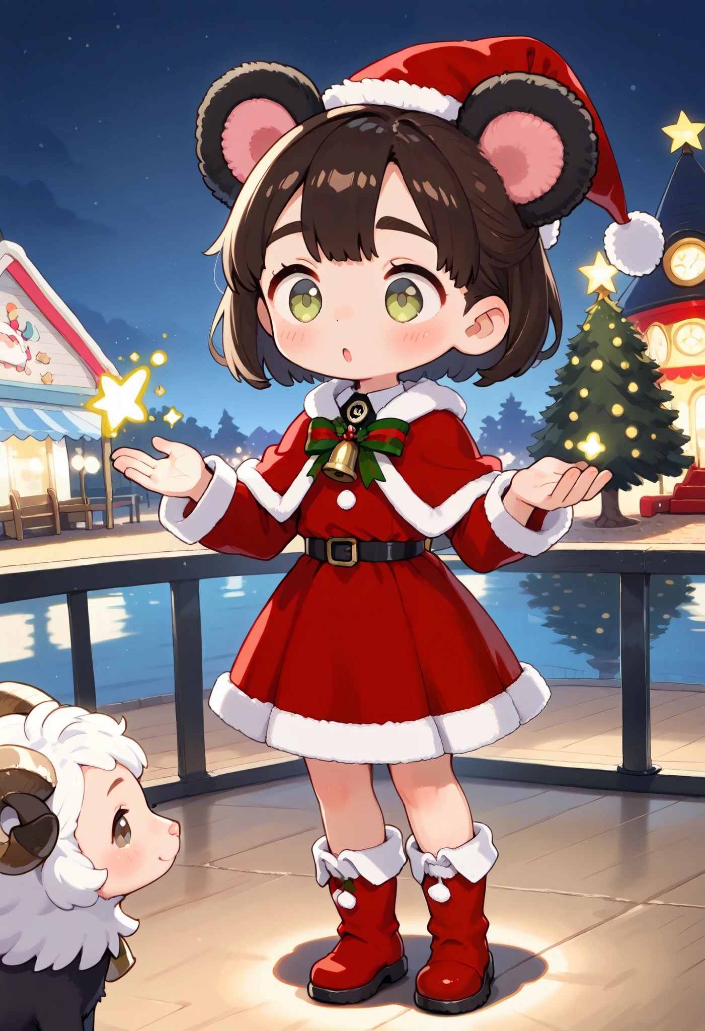 Masterpiece, Best quality,  Cute Girl，Bear ears,Christmas，Christmas tree,amusement park ,Play and play facilities,White Sheep , Black Sheep,happy,curious,joy, Glowing, Silly, mystery, magic, Arcane, Funny , Interesting,8K,16k