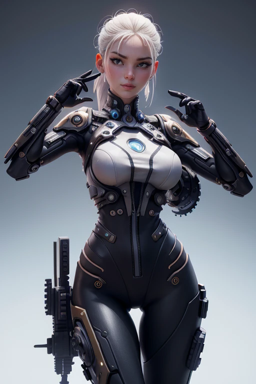  Woman futuristic costume , cyberpunk, magnificent anatomy ,  Dynamic pose, face to the camera,  gears and bolts ,  mechanical engineering ,  composition epic character,  natural lighting ,  ultra resolution ,  plain white background , without patterns, No textures.