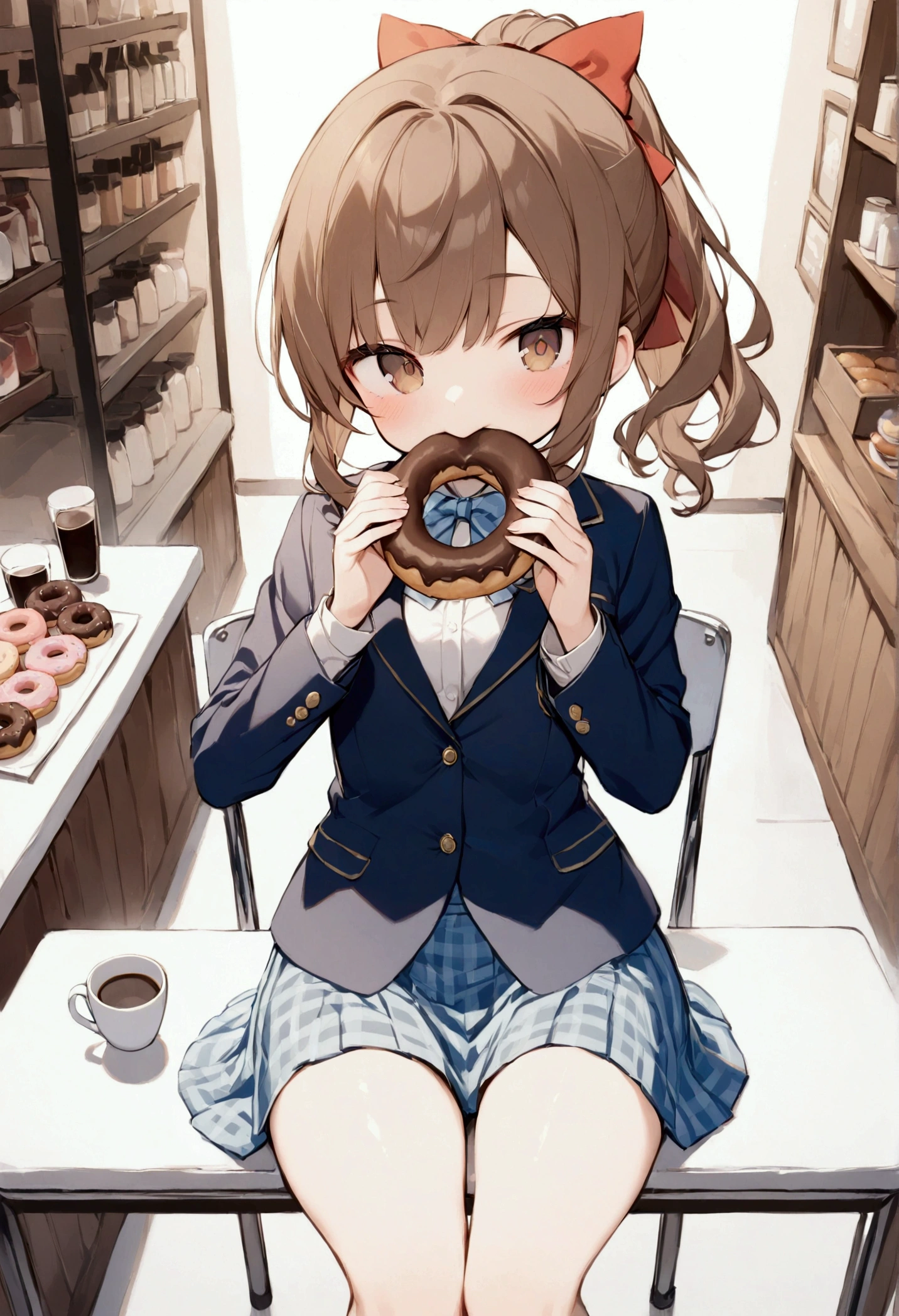 (masterpiece),(  Best Quality ),   1 girl, cute,Brown Hair,   Beautiful brown eyes, a ponytail ,（ small breasts）,   red ribbon,   navy blue blazer,  blue gingham check skirt ,    holding 1 doughnut in its mouth ,  sitting on a white round chair , Elbows on a white table ,   donuts and drinks on the desk,   {  Front View   },   (Wavy Hair:0.8),{ cowboy shots},  {Shining Face  },   amazingly slim, The background is inside a coffee shop , White floor,  detailed background  ,  bright colors, （The charm of youth）