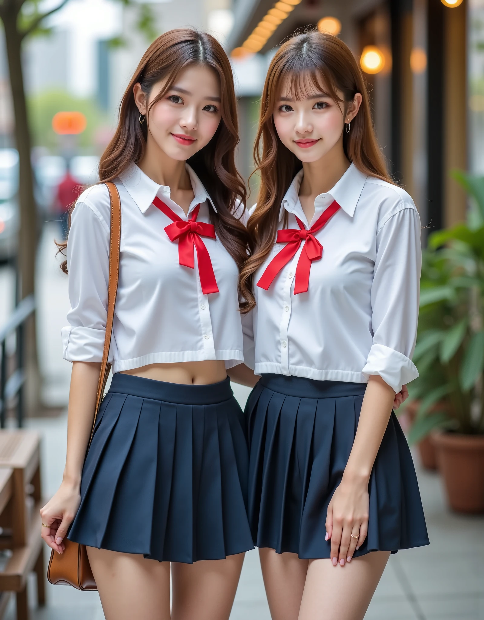 (( 2 women:1.8)), gal, (Two high school students), (  shopping mall standing in a cafe ,  Outdoor Shopping Street), ( full body portrait ,   Please take a picture of your whole body ,  is standing,  takes a sexy pose ), (Tall,  thin thighs,  small butt), ((  Highly Detailed Skins ),  Beautiful Realistic Cute Faces ,  white skin, Pointed Chest, perfect anatomy,   Real Eyes ,  Brown Eyes , Accurate limbs), (  surrealism, Ultra-realistic, 16k,  Attention to Details ,  super high definition, Best Quality), (Big Breasts:1.5),  Clevis:1.5, ( blonde long hair:1.5, Wavy long hair:1.5,  curly hair:1.5), ( smooth bangs to accentuate tits), (Twin tail hair), (( White Collar Cropped Shirts ,  Pleated Miniskirt , Red ribbon tie)), High School Girls in Uniforms ,   Surreal Cute High School Students, Tall, High School Girls in Uniforms , smile, Chest enhancement, ( is standingTwo high school students:1.8),
 Absurd,  RAW Photos,  extremely delicate and beautiful, masterpiece, Best Quality,   super high definition , 32K,  Surreal , Super detailed, perfect anatomy, Super detailed skins,   perfect figure ,  super beauty,  perfect style ,  Perfect balance , Beautiful lighting,  perfect lightening ,   Real Shadow, 20 years old, Gentle Facial Features , 2 Japanese Idol Women ,  highly detailed eyes and face , Realistic Face Proportions, Realistic and beautiful faces,  Realistic Beautiful Eyes ,  invalid, full_body_shot, indoor, School_uniform,  short skirt, barefoot,