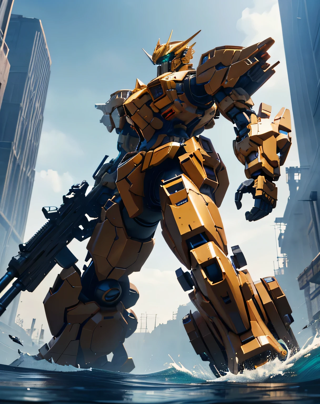 ((masterpiece, Best Quality)), (( dynamic movement)), (giant golden robot, Blue Chest, angular armor), ( rendered in Unreal Engine 5 , Black Octane Rendering, Super detailed with octane rendering ,  rendered with 8K Unreal Engine ,  rendered with Unreal Engine 6 ,  high detail iconic characters ,   8k octane rendering photorealistic,  Unreal Engine 5 Render ,  rendered in Unreal Engine 5 , Detailed images, Ultra-precision), metallic, My eyes are glowing green, ((sea, Wave, Lots of water splashes: 1.5, Multiple spherical flying objects )), (from below: 2.0, side view: 2.0), EdobLandscapeAlpha, (32K,  Ultra High Definition), Nijimecha, Symmetrical head , (view from front),  don't look at me, ((absract art)), I'm holding a huge gun