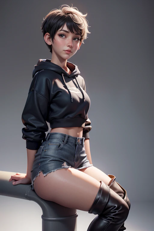 Young woman, blue tube top , Black miniskirt,  brown knee-high boots, gray hoodie sweatshirt,  short hair ,  natural lighting ,  ultra resolution ,  plain white background , without patterns, No textures.