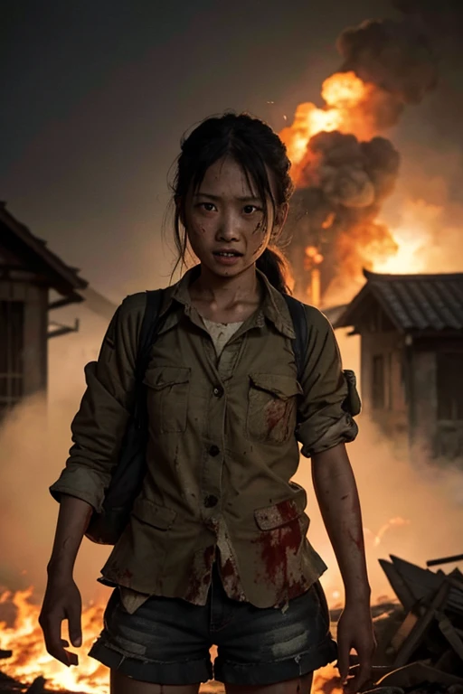 A cover image of a woman wearing a Thai school uniform, white shirt and black A-line skirt, fighting fiercely against a horde of zombies wearing different clothing, blood splattered, with a baseball bat hitting the zombies' heads. She wears tattered clothes, do not expose herself. The scene is dark and atmospheric, with a realistic and fierce style. The background is an old Thai temple, with a broken down tuk tuk parked nearby.