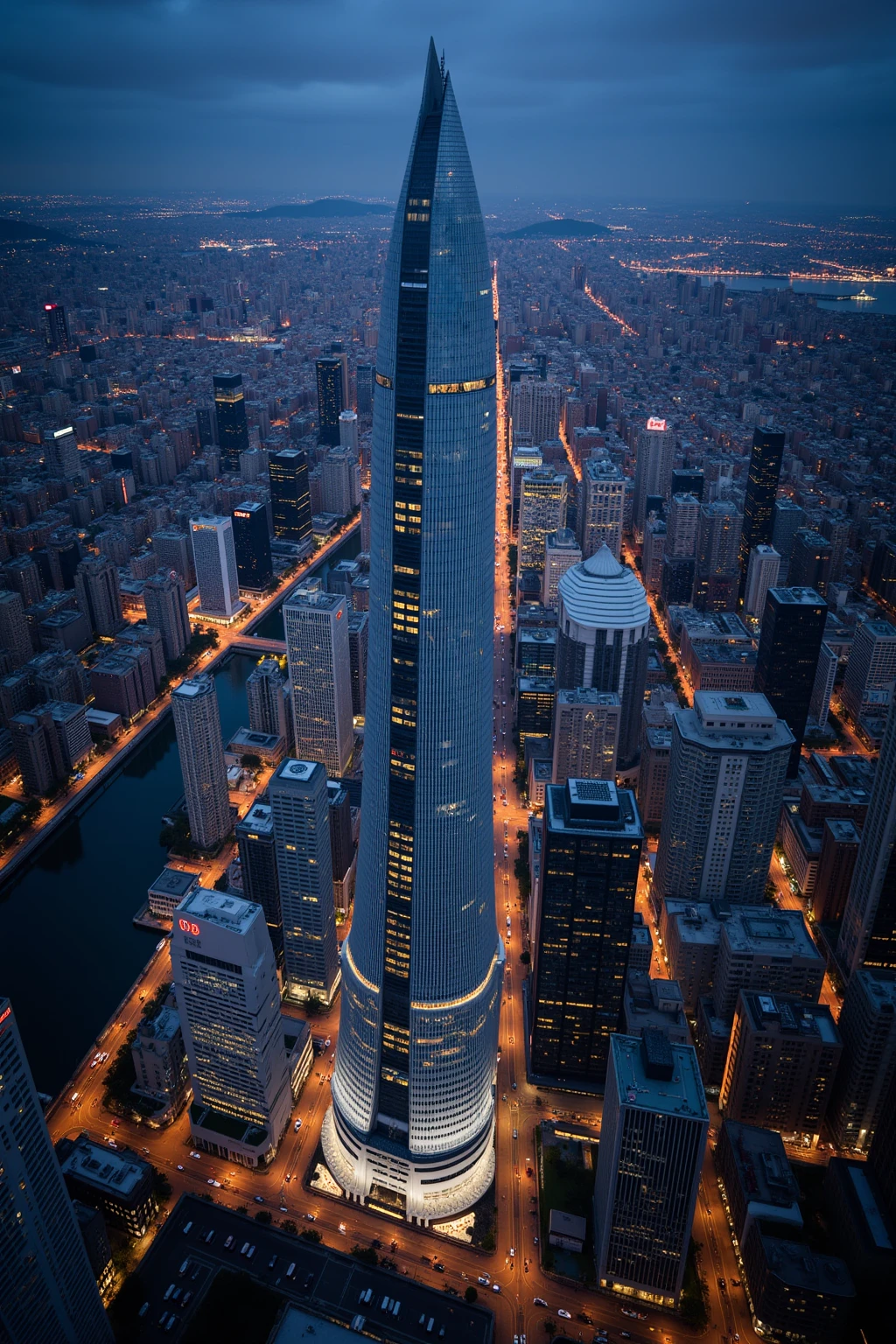 (Best Quality, very detailed depiction, incredible high resolution,Photographic images,Bird&#39;s-eye view), Futuristic Streetscapes , Aerial Photos , Iconic Skyscrapers,Artistic Buildings ,Beautiful cityscape,Night view,Beautiful night view,