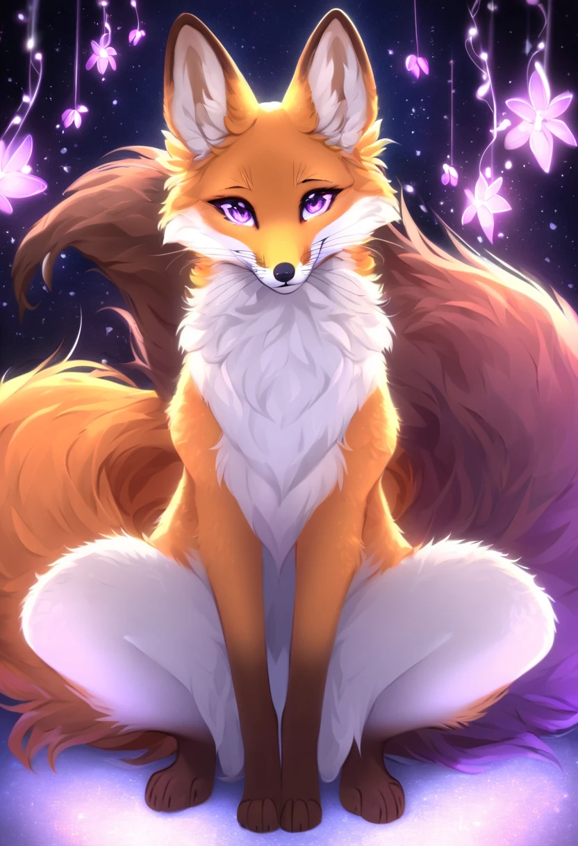 by fluff-kevlar, by ouka, by Kilinah, (((antrum, extremely detailed, extremely detailed legs, extremely detailed arms, extremely detailed face, perfectly detailed eyes, perfectly detailed anatomy))): 1.2, Ninetales from Pokemon, Ninetales, male, fox, feral, feral fox, sitting, high definition, good anatomy, orange fur, orange body, simple background, highly detailed face, multiple tails, dark lighting, moody lighting, full body, sexy body, slanky body, sexy face, nice, hot, cute, pawpads, paws, showing feet, magical levitating, night, half moon, stars, blushing, friendly smile, smile, friendly, elegant, dark, mysterious, alluring, beautiful