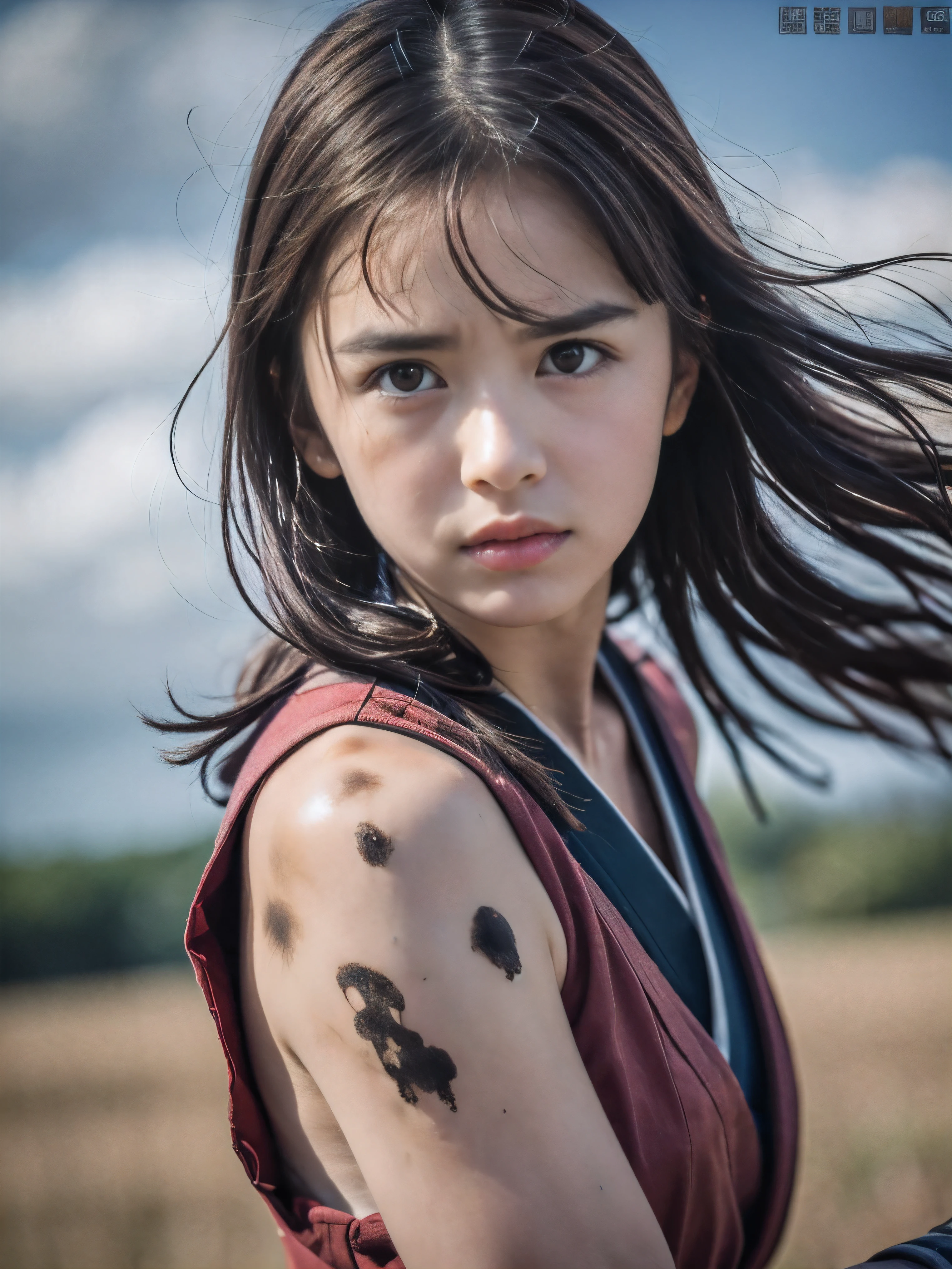 (Close up portrait of one slender small breasts red brown wavy long hair with dull bangs girl in a red colored dirty bloody samurai armor in Japan at raining:1.5)、(One girl makes fighting pose and hold Japanese traditional white blade sword on hand under the raining sky on the grassland in old Japan with crying dirty bloody face:1.5)、(Heavy raining dark sky:1.5)、(blurred background:1.5)、(Natural light:1.5)、(8k ultra detailed master piece:1.5)、(perfect anatomy:1.5)、(Photorealistic stick:1.5)、(Raw photo:1.3)、(highest quality:1.5)、(High resolution:1.3)、(Delicate and beautiful perfect face:1.3)、(Delicate and beautiful eye air skin:1.3)、(Real Human Skin:1.3)、((thin legs))