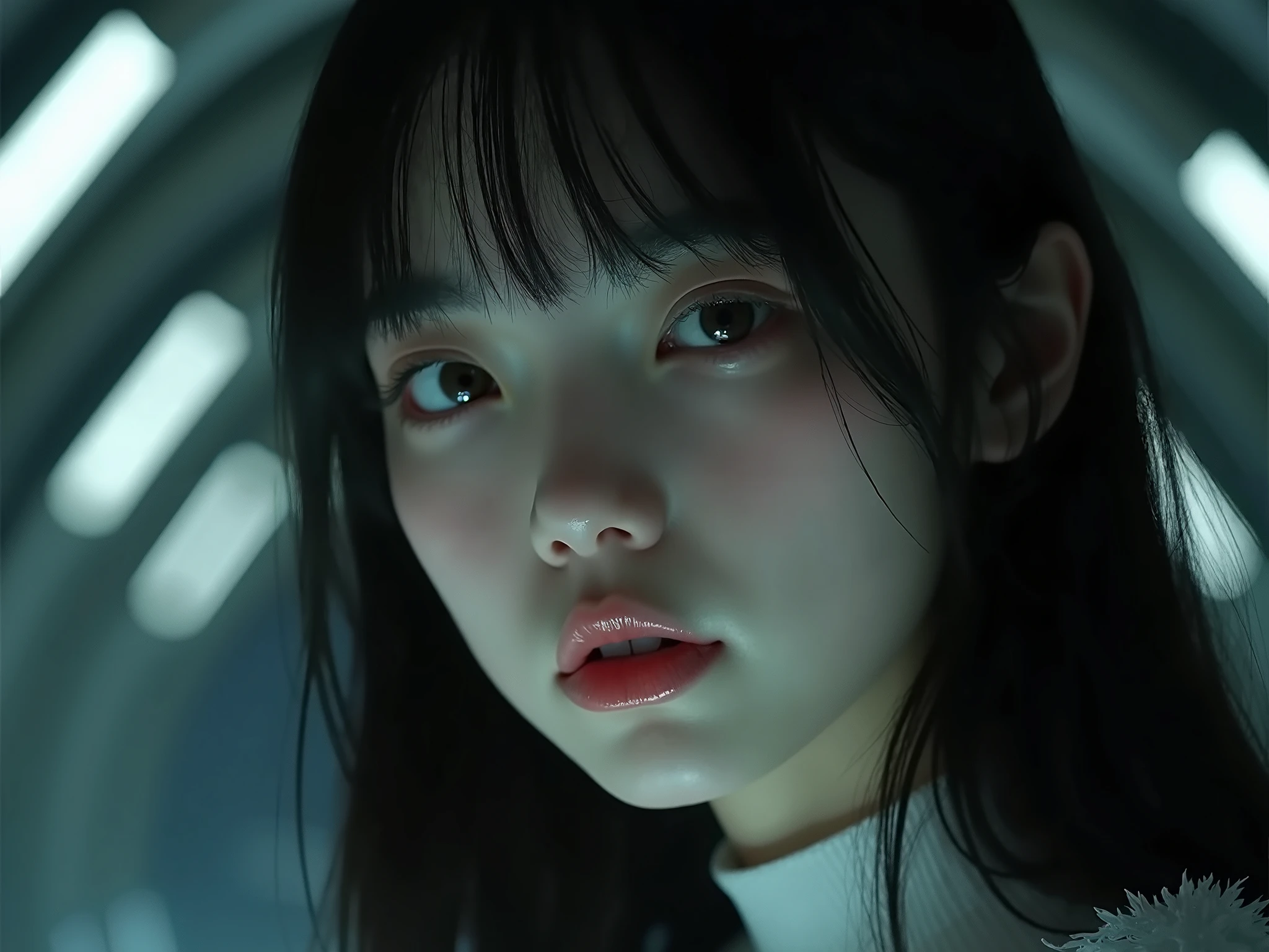 A close up of a woman with long hair and a white shirt - SeaArt AI