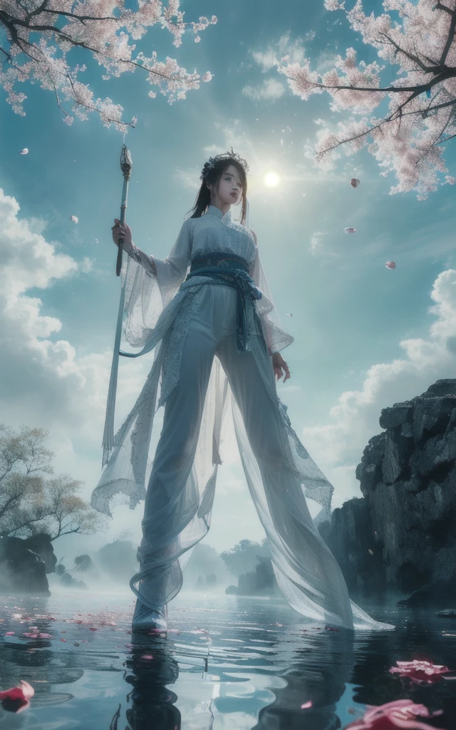 ((masterpiece))), ((( is the best quality))), ((  super detailed )), ( high detailed illustration), (( extremely exquisite and beautiful)), movie lights from the waist,  dynamic angle, Viewing angle, High Point,Throw (From below:1.4),
1 Girl,  alone, White hair, Headdress, Wide sleeves,  FOG, Outdoors, reflection, White pants, Sky, cloud,  blue, Green, 蓝Green, Long raft ,  ( Real Water Realistic Water Flowing Water :1.1) corrugated scabbard , Hold,Tense click (Sky 發出紅光, visual impact,给海报带来了动态和 visual impact的效果:1.2),Chinese Zen style, influential picture ,  (Scattered Petals :1.5)
Overly long hair ,