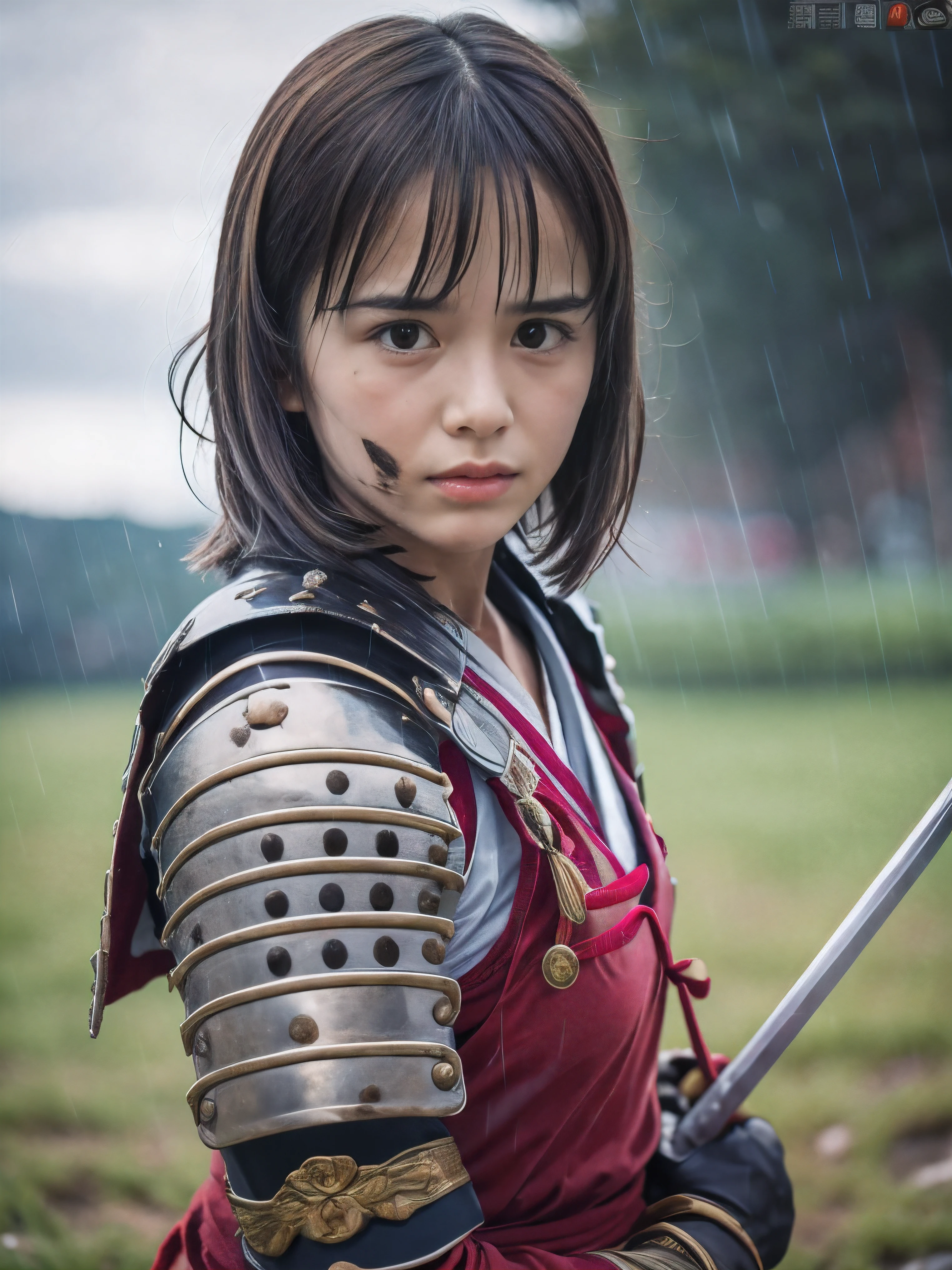 (Close up portrait of one slender small breasts round face brown short hair with bangs girl in a green colored dirty bloody samurai armor in Japan at raining:1.5)、(One girl makes fighting pose and hold Japanese traditional white blade sword on hand under the raining sky on the grassland in old Japan with crying dirty bloody face:1.5)、(Heavy raining dark sky:1.5)、(blurred background:1.5)、(Natural light:1.5)、(8k ultra detailed master piece:1.5)、(perfect anatomy:1.5)、(Photorealistic stick:1.5)、(Raw photo:1.3)、(highest quality:1.5)、(High resolution:1.3)、(Delicate and beautiful perfect face:1.3)、(Delicate and beautiful eye air skin:1.3)、(Real Human Skin:1.3)、((thin legs))